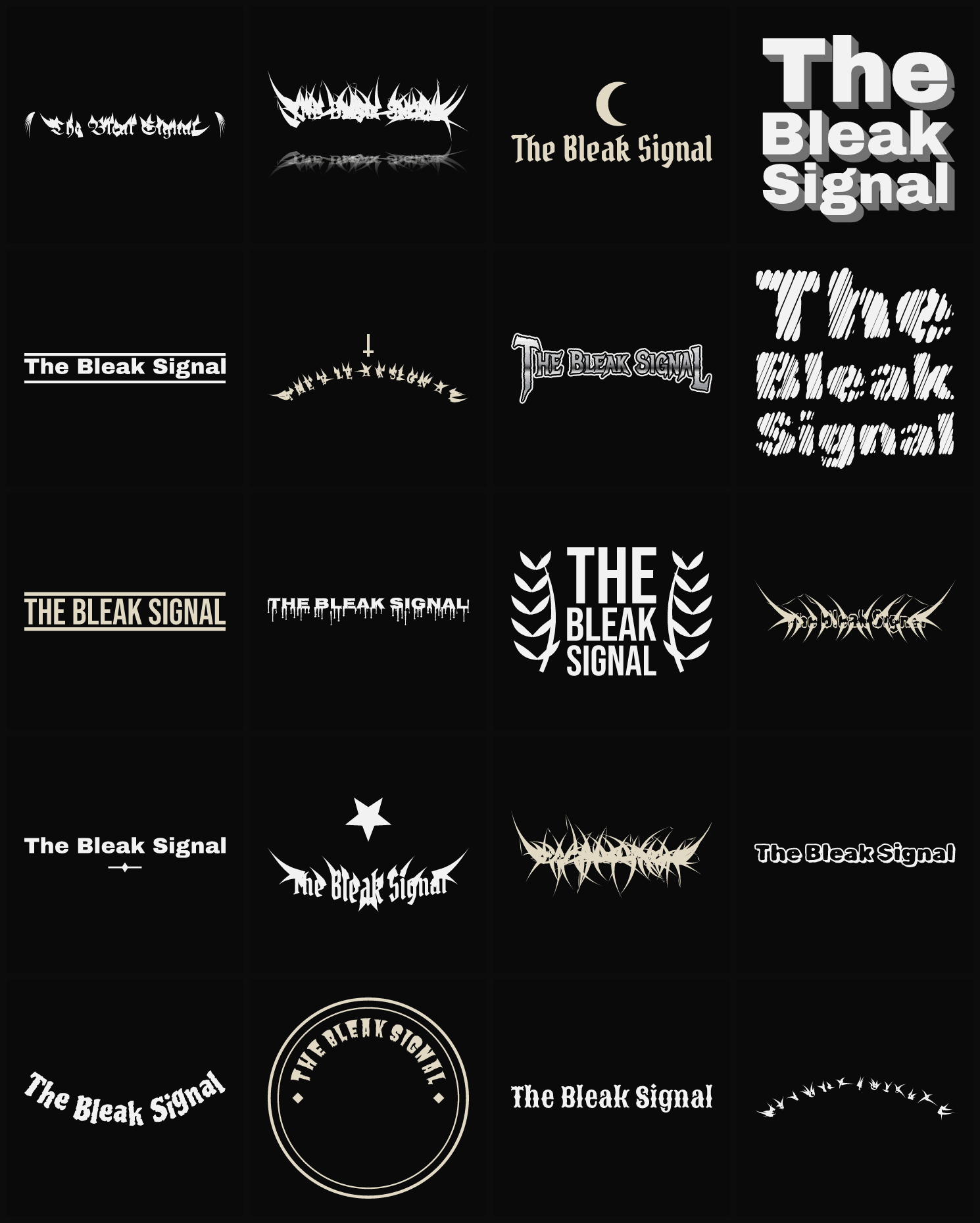Twenty The Bleak Signal band logo ideas — different faces, treatments and spike settings