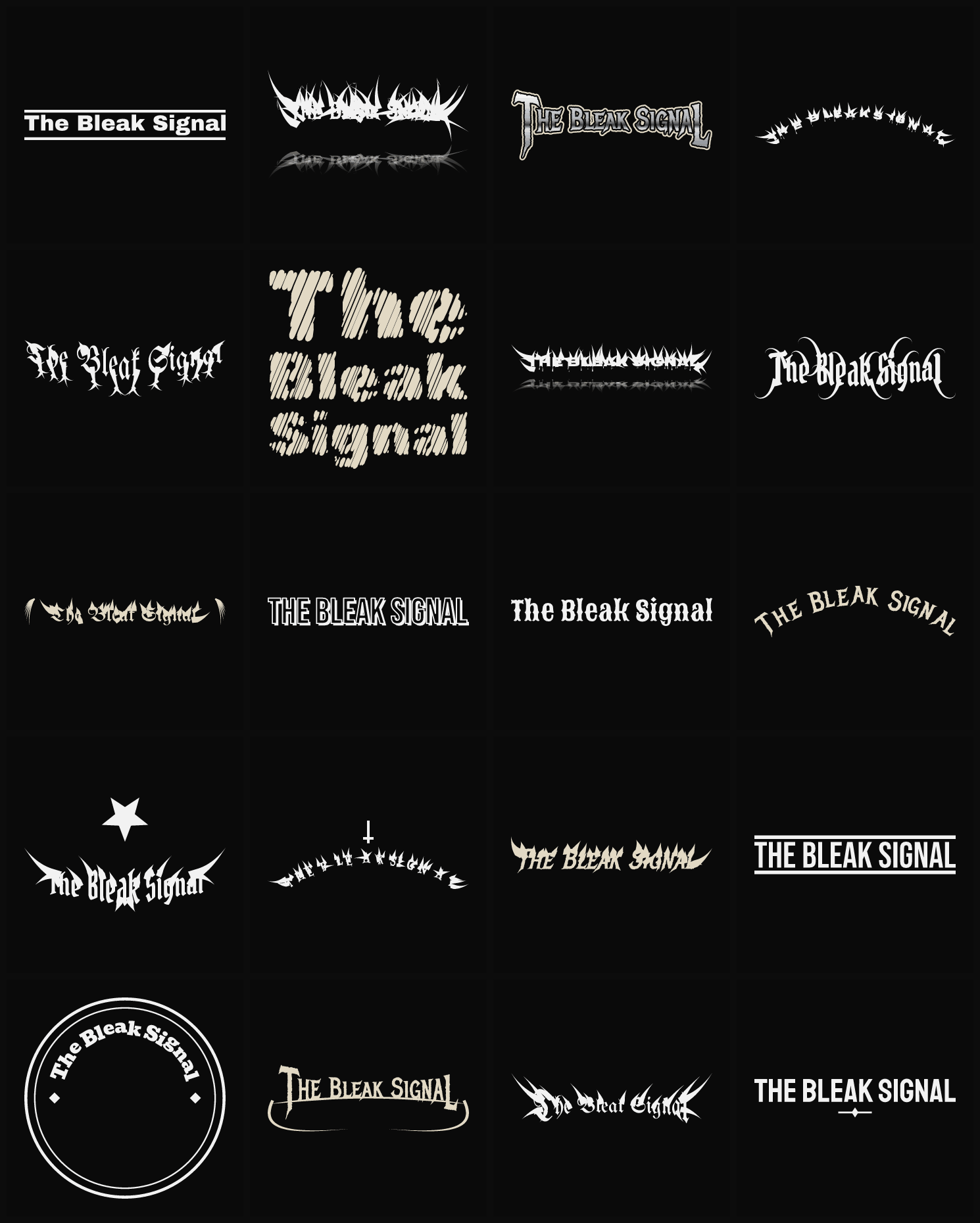 Twenty The Bleak Signal band logo ideas — different faces, treatments and spike settings