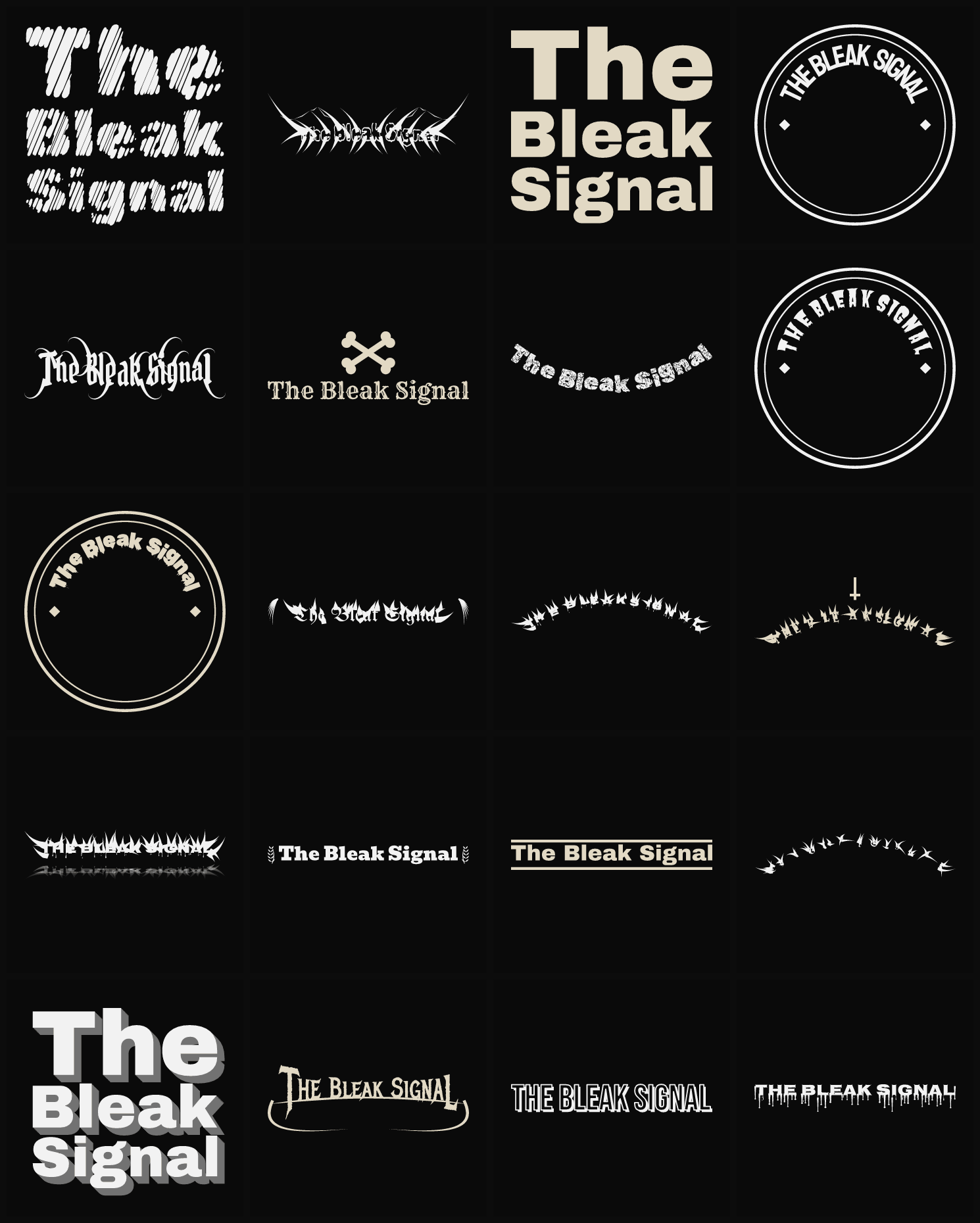 Twenty The Bleak Signal band logo ideas — different faces, treatments and spike settings