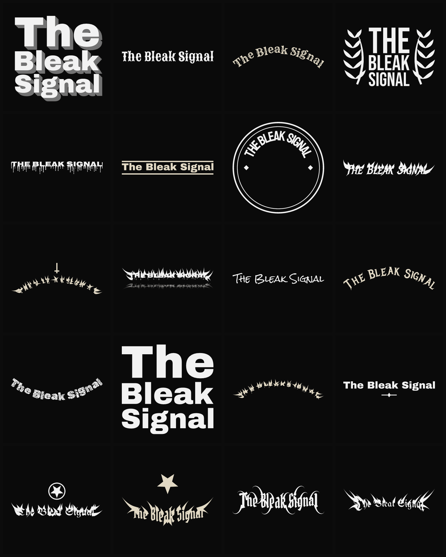 Twenty The Bleak Signal band logo ideas — different faces, treatments and spike settings