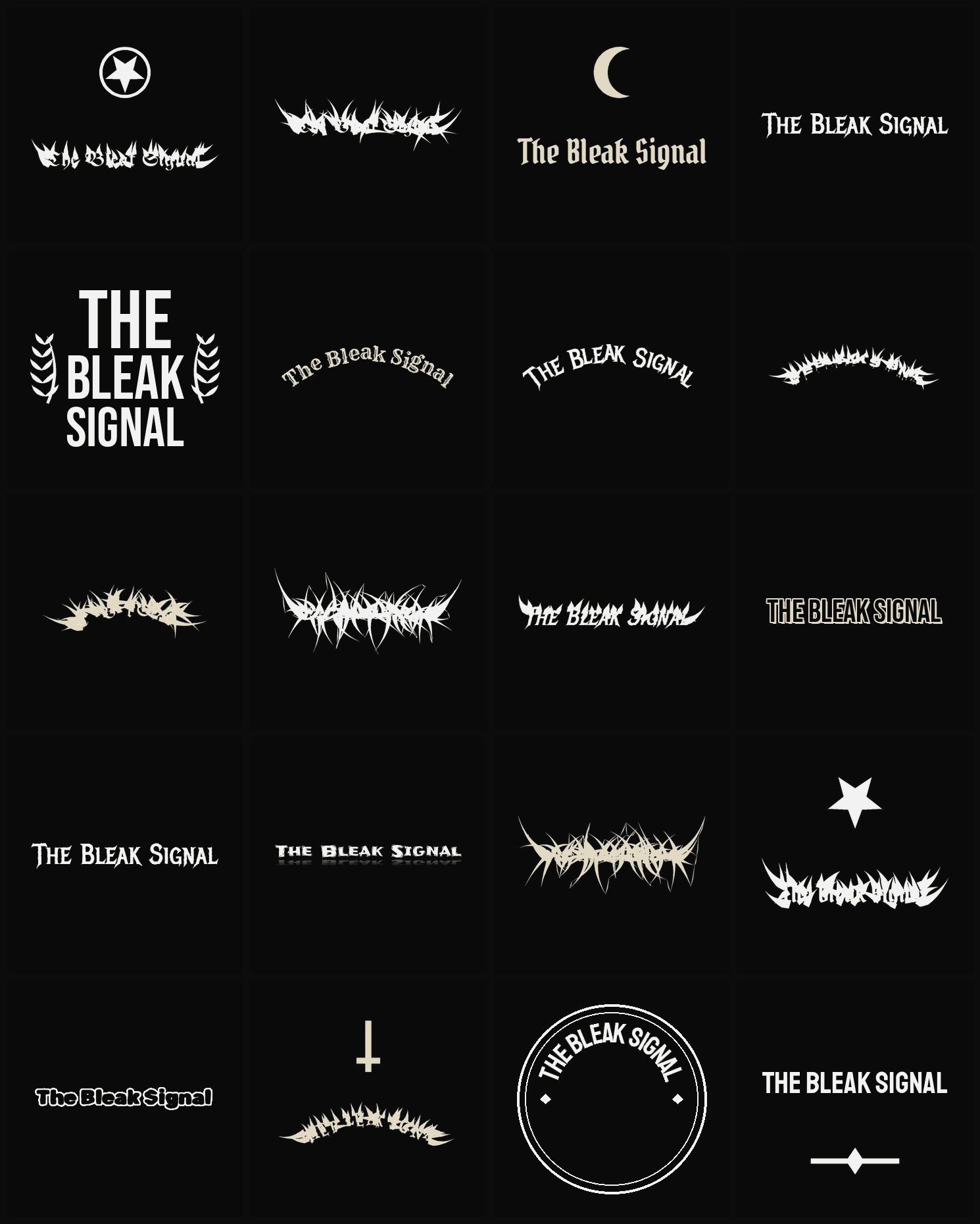 Twenty The Bleak Signal band logo ideas — different faces, treatments and spike settings