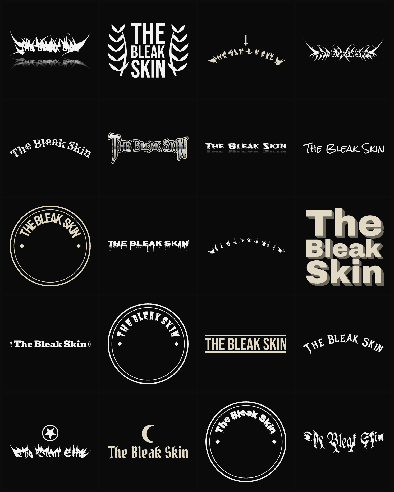 Twenty The Bleak Skin band logo ideas — different faces, treatments and spike settings