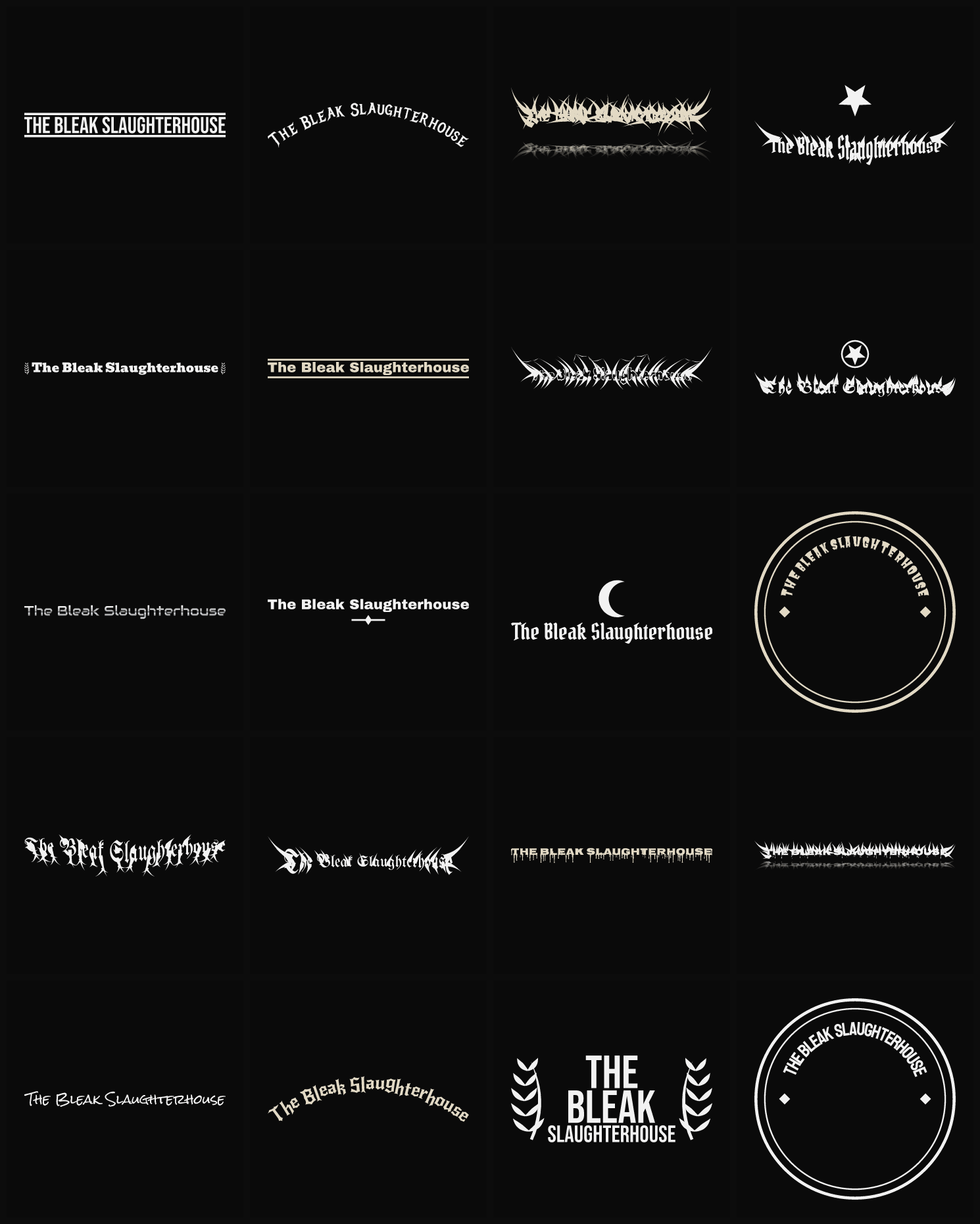 Twenty The Bleak Slaughterhouse band logo ideas — different faces, treatments and spike settings