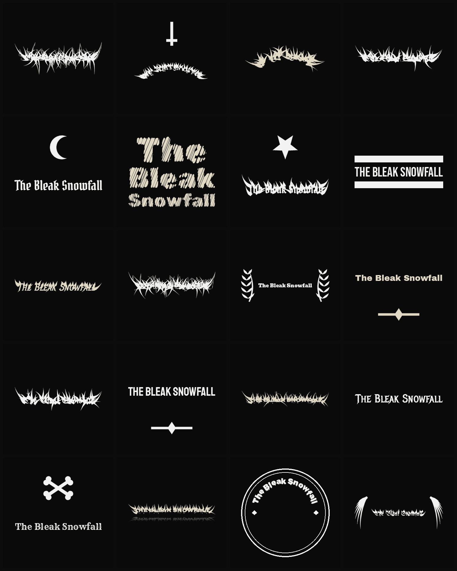 Twenty The Bleak Snowfall band logo ideas — different faces, treatments and spike settings