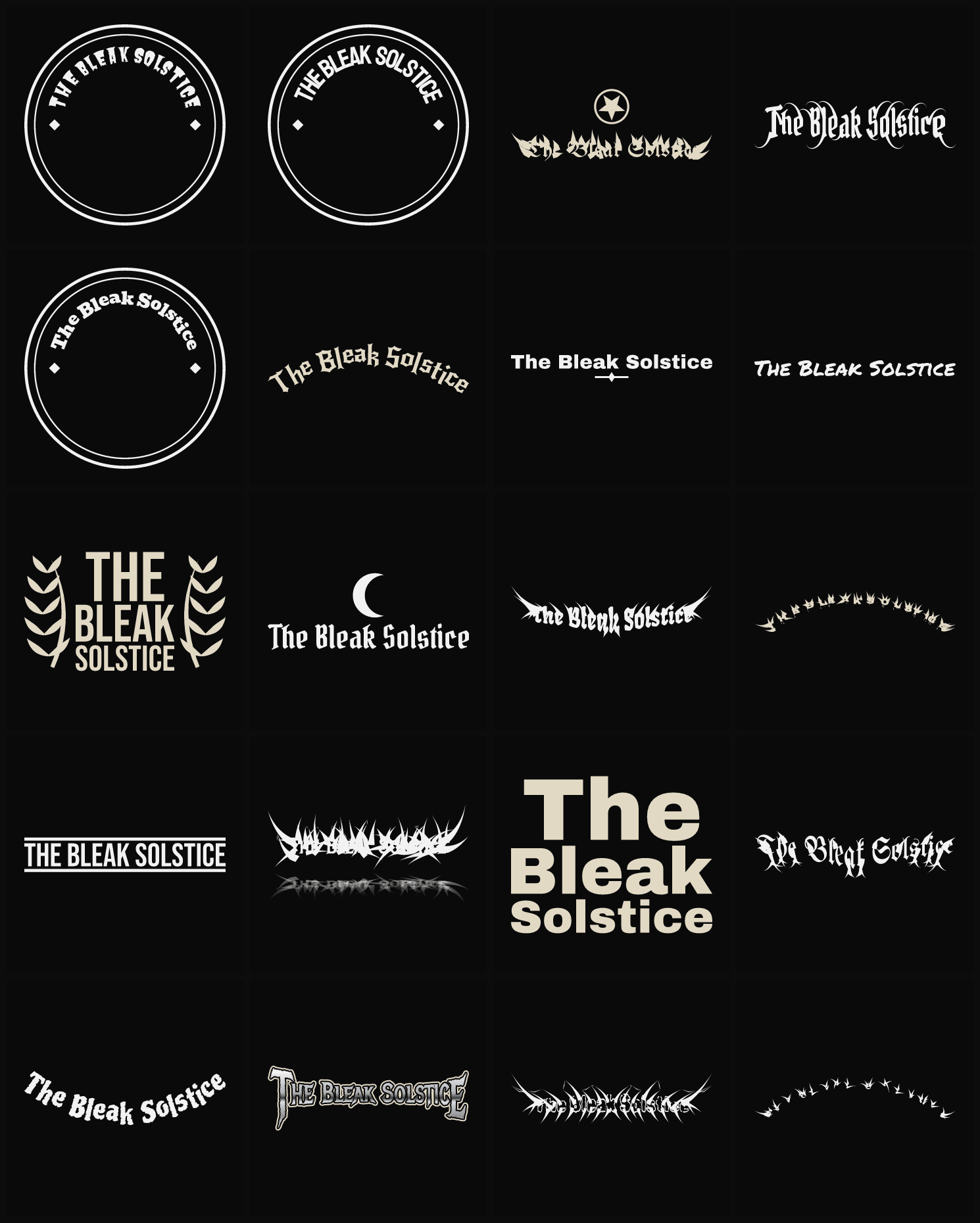 Twenty The Bleak Solstice band logo ideas — different faces, treatments and spike settings