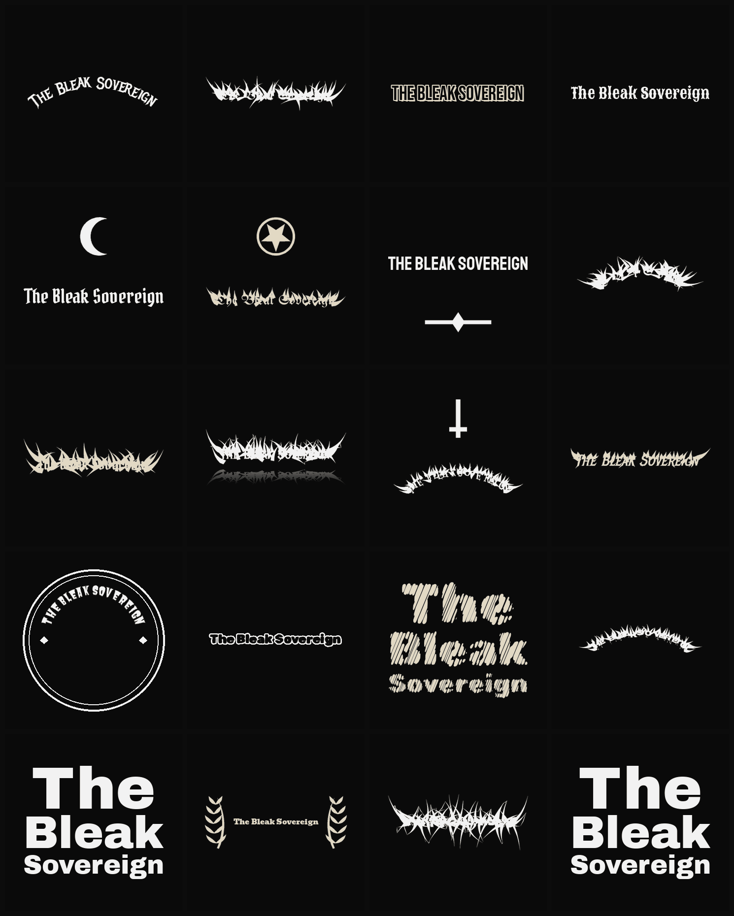 Twenty The Bleak Sovereign band logo ideas — different faces, treatments and spike settings