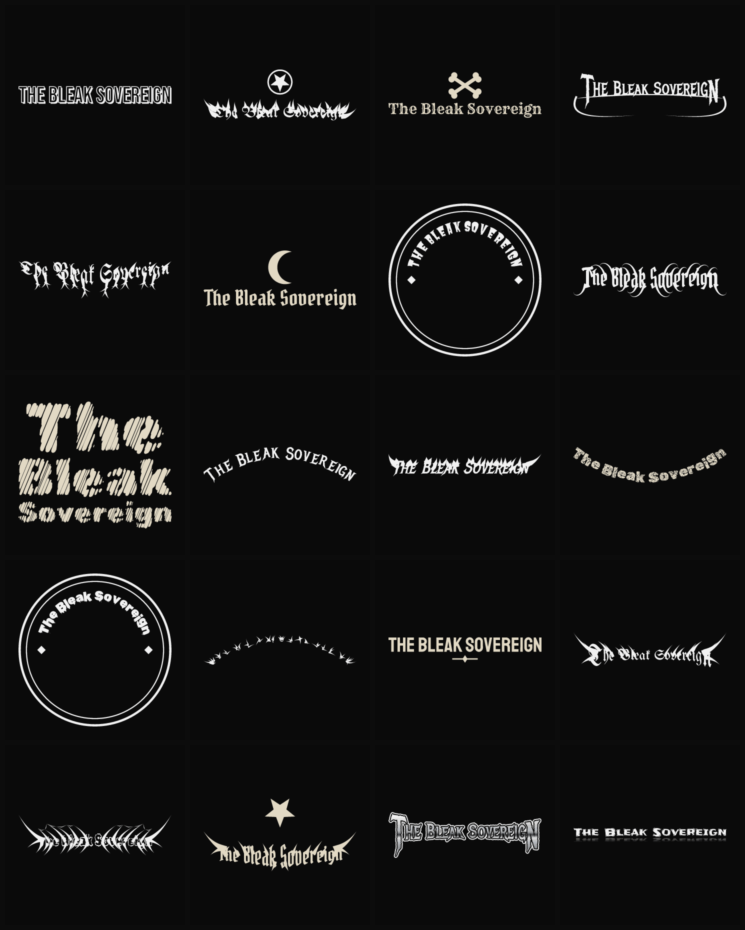 Twenty The Bleak Sovereign band logo ideas — different faces, treatments and spike settings