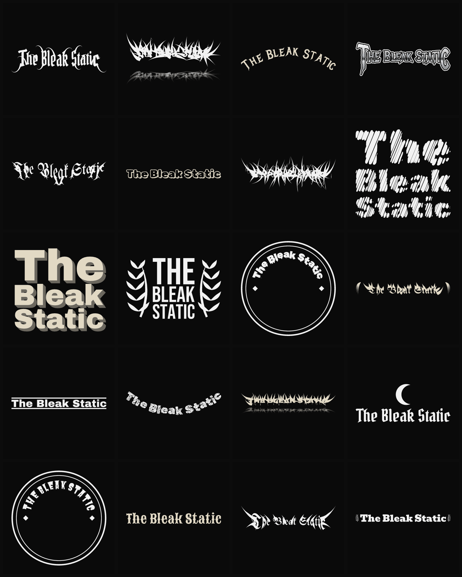 Twenty The Bleak Static band logo ideas — different faces, treatments and spike settings