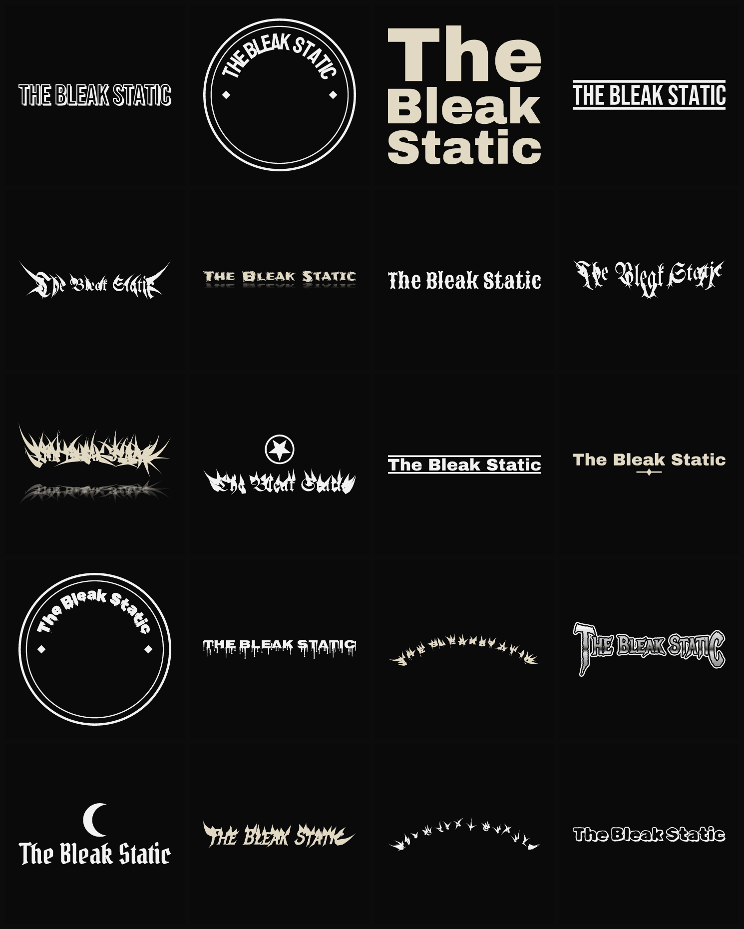 Twenty The Bleak Static band logo ideas — different faces, treatments and spike settings