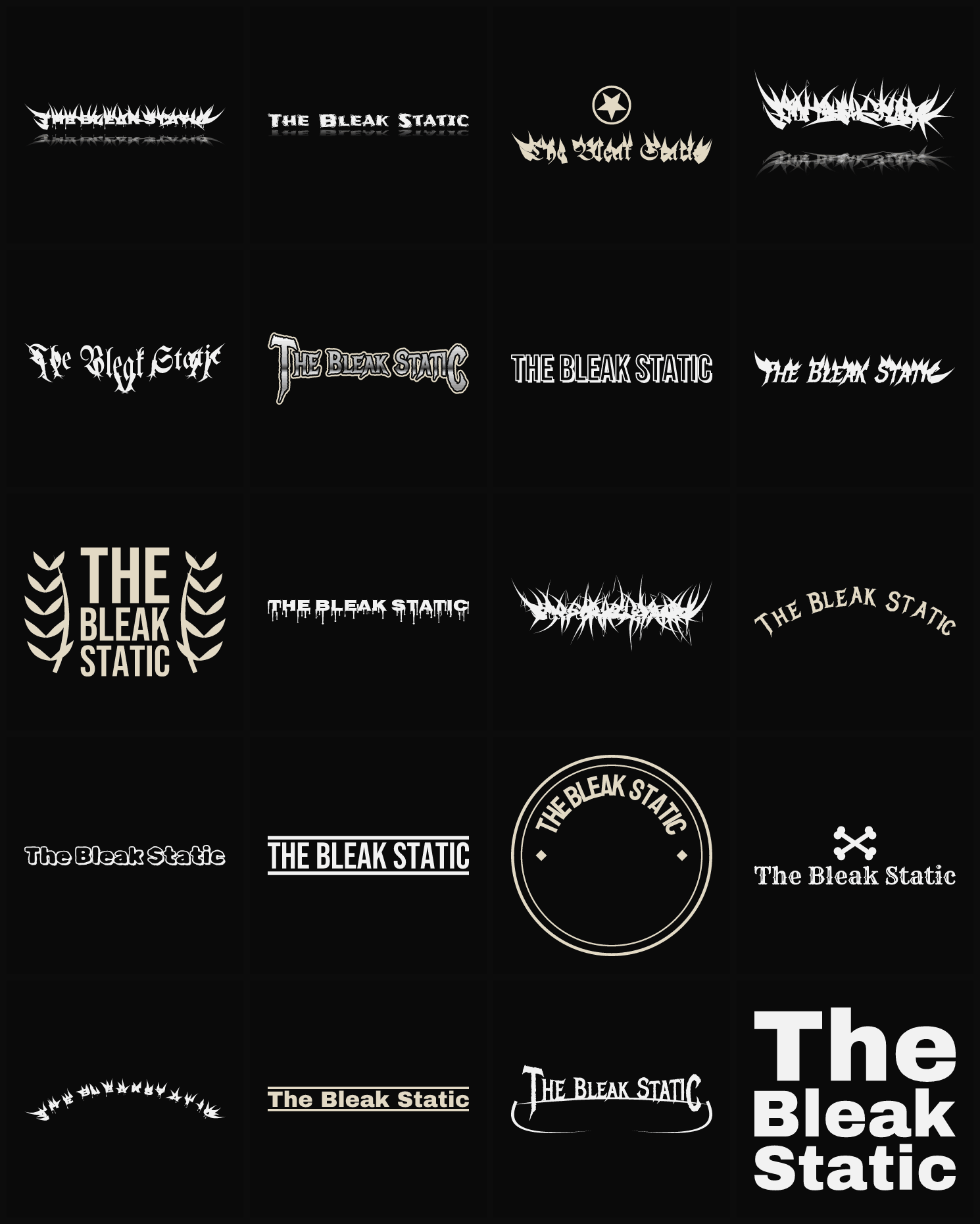 Twenty The Bleak Static band logo ideas — different faces, treatments and spike settings