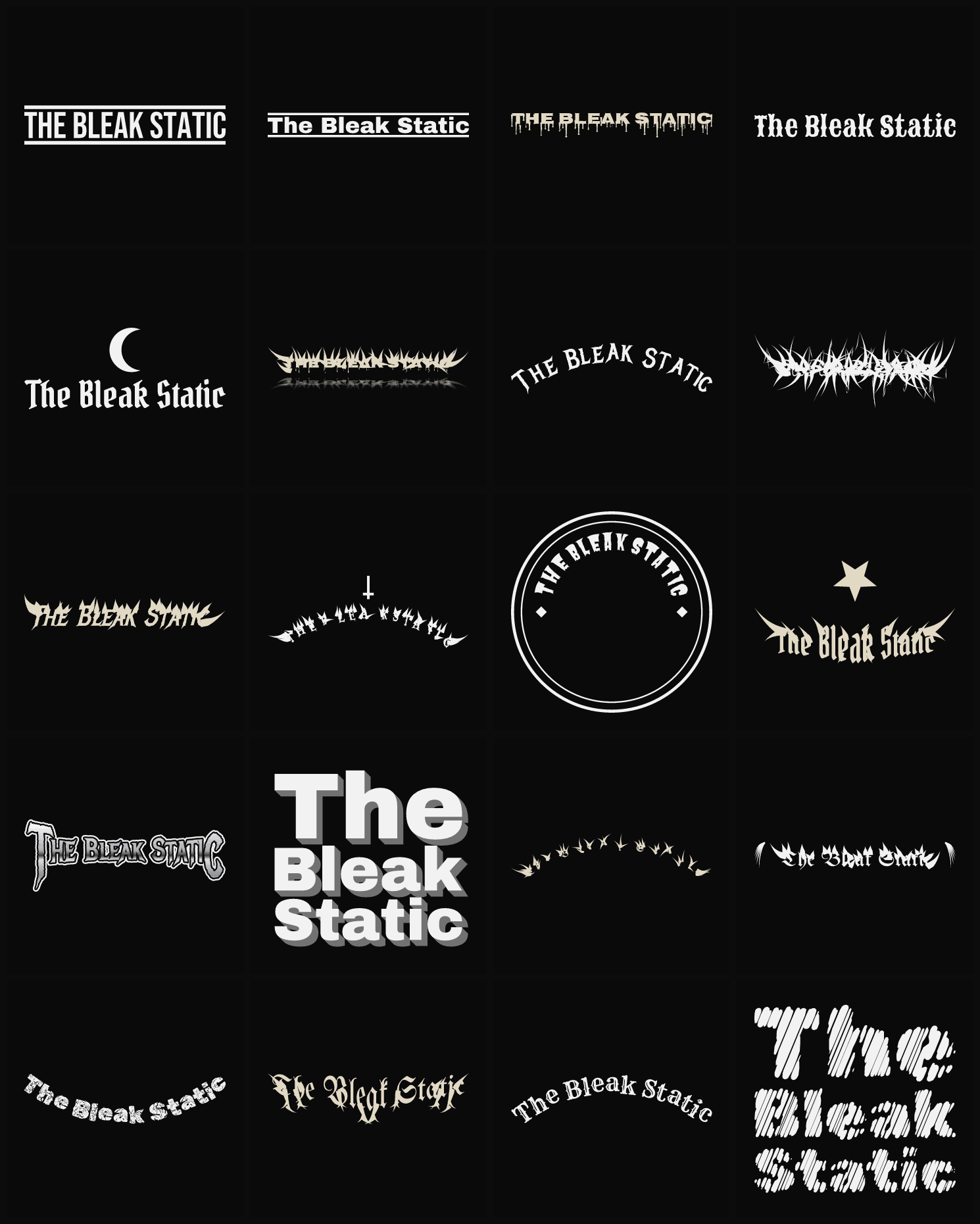 Twenty The Bleak Static band logo ideas — different faces, treatments and spike settings