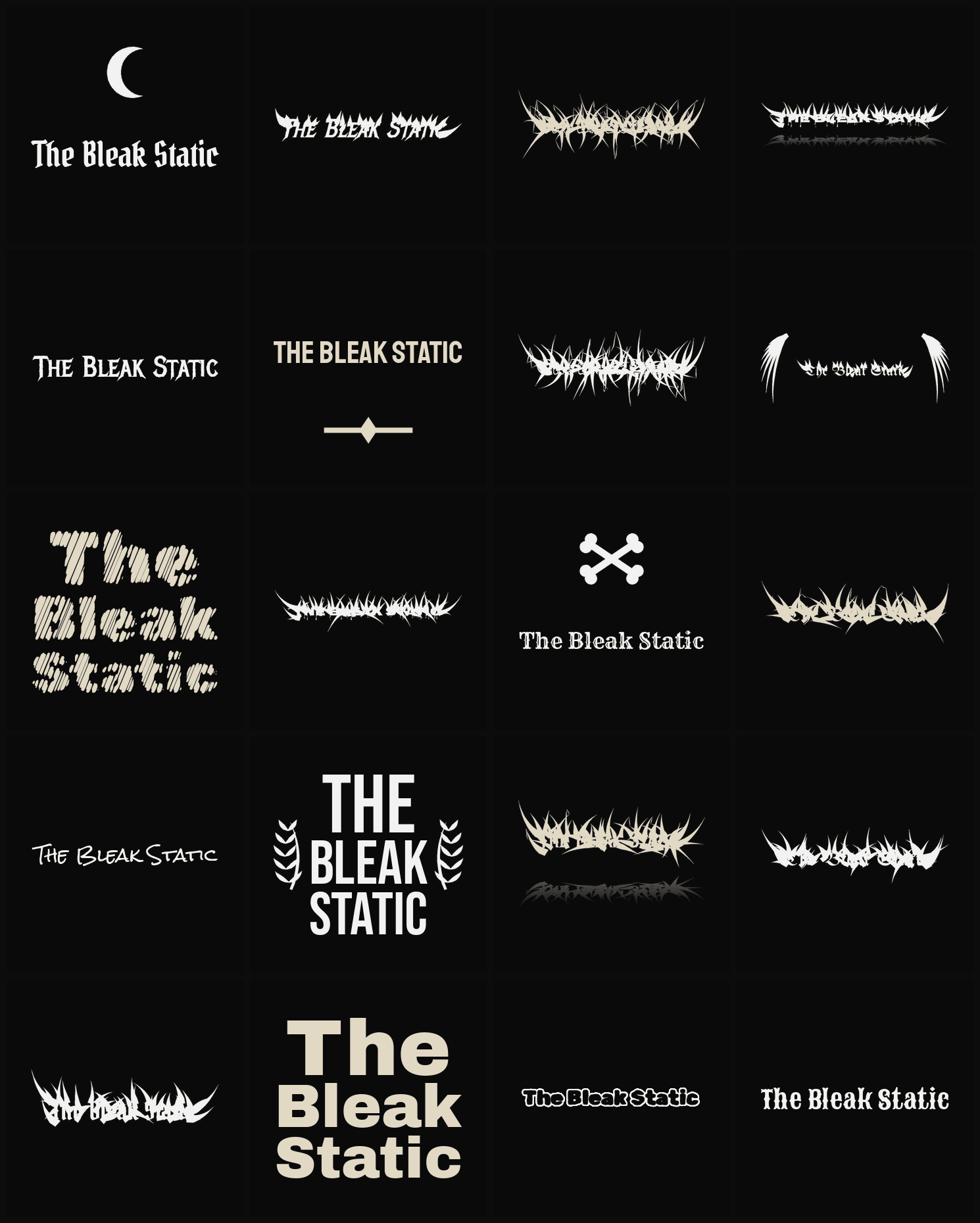 Twenty The Bleak Static band logo ideas — different faces, treatments and spike settings