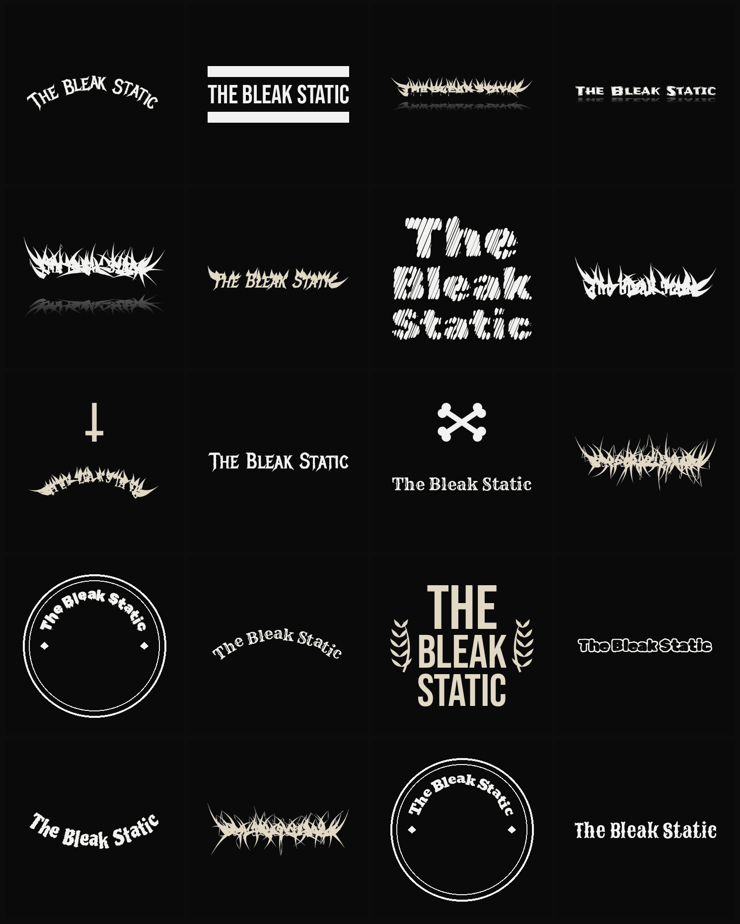 Twenty The Bleak Static band logo ideas — different faces, treatments and spike settings