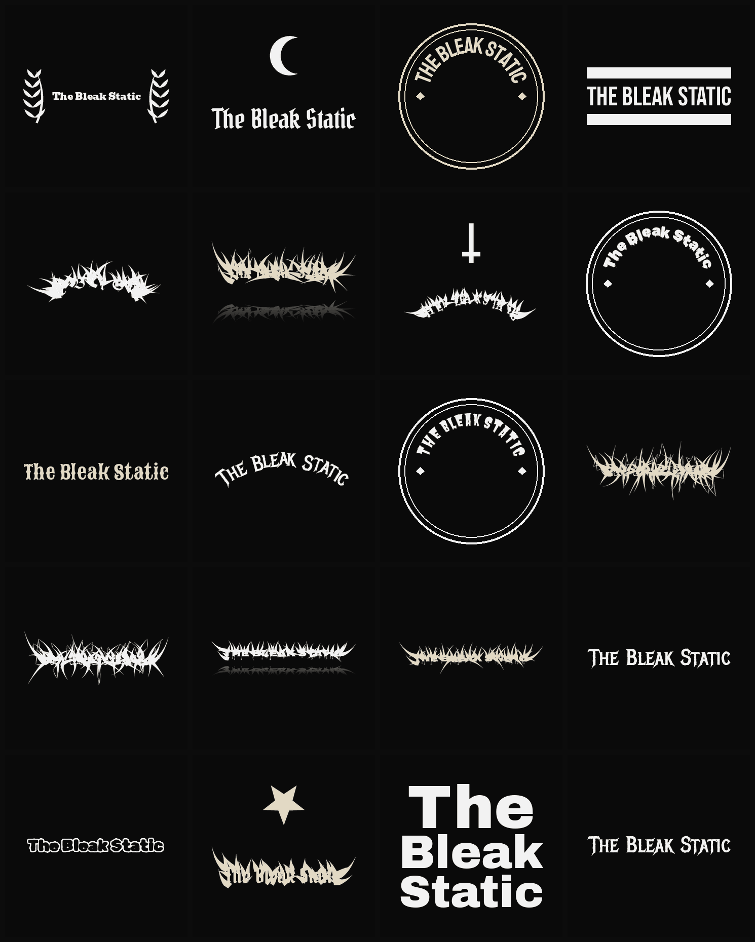 Twenty The Bleak Static band logo ideas — different faces, treatments and spike settings