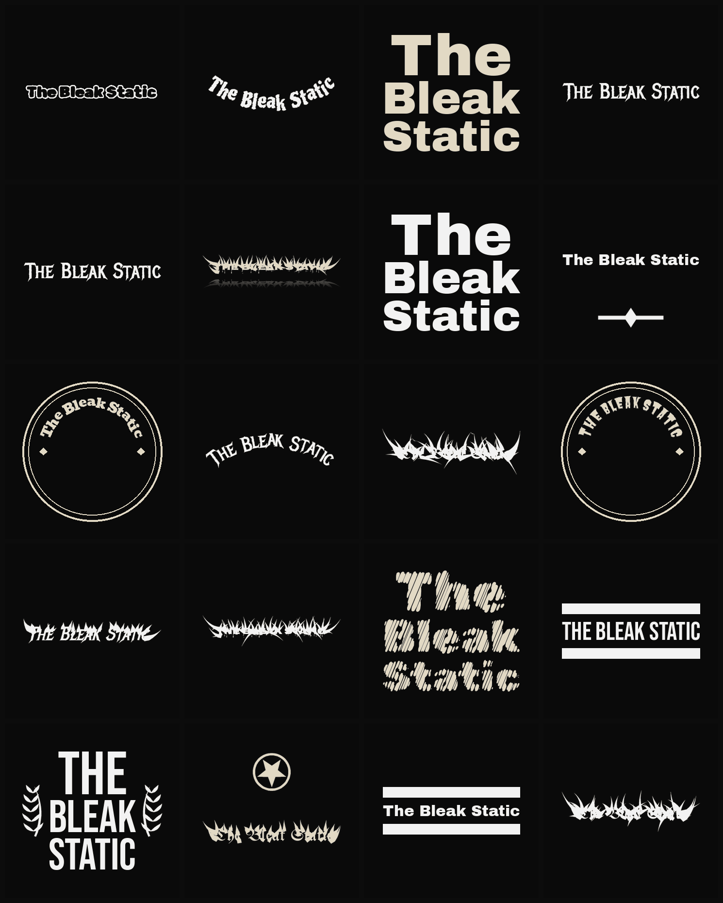 Twenty The Bleak Static band logo ideas — different faces, treatments and spike settings