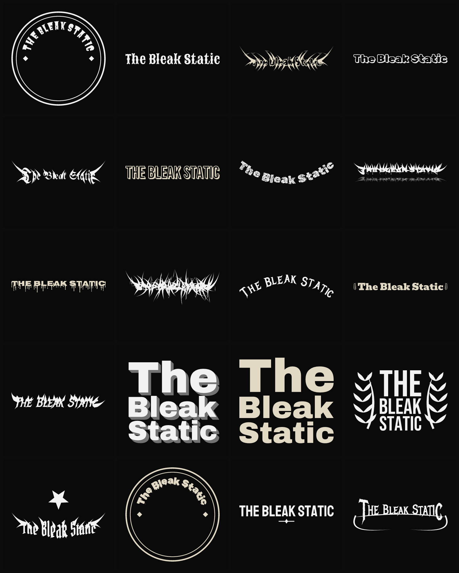 Twenty The Bleak Static band logo ideas — different faces, treatments and spike settings