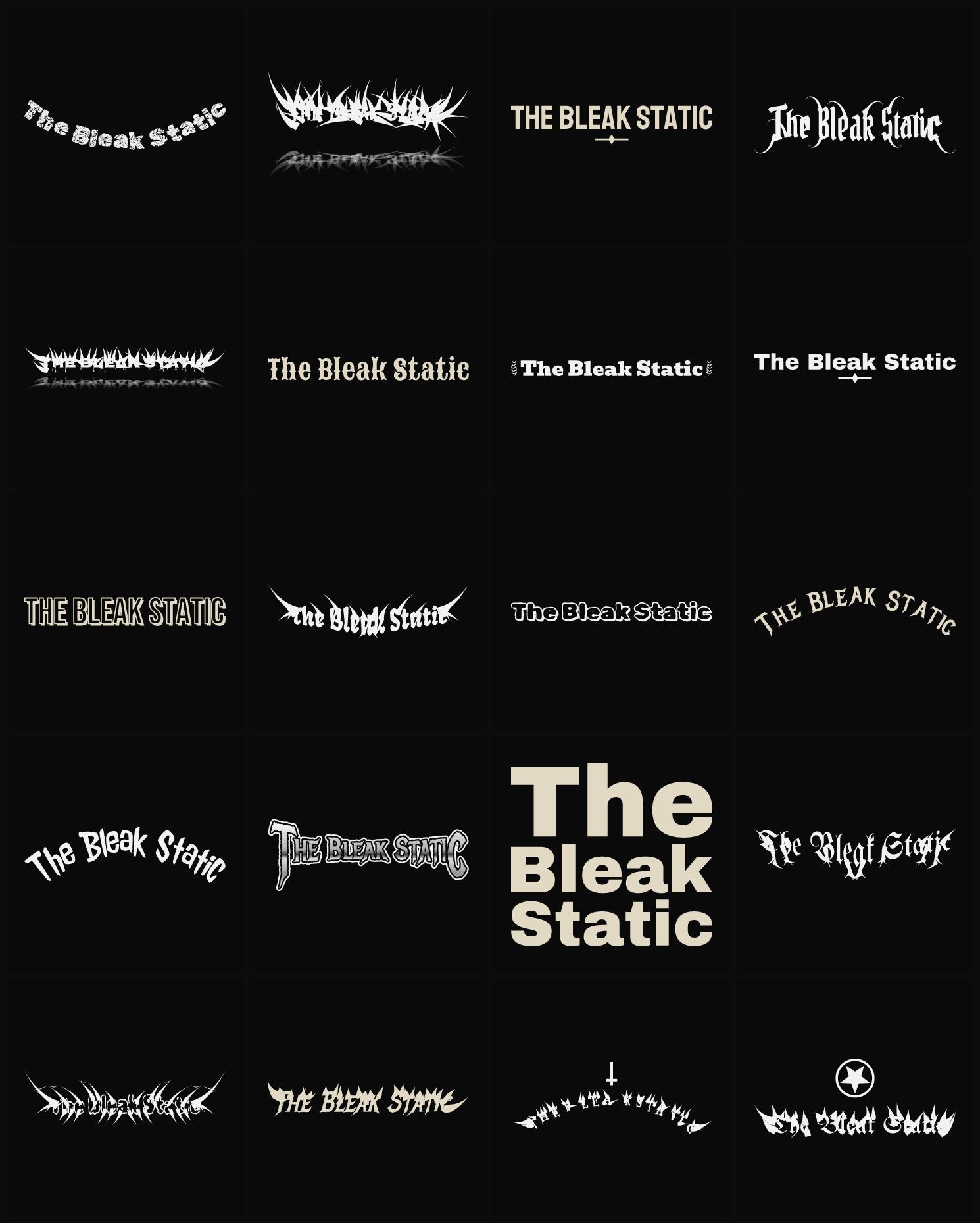 Twenty The Bleak Static band logo ideas — different faces, treatments and spike settings