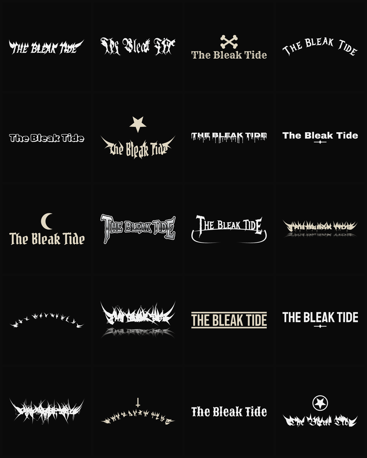 Twenty The Bleak Tide band logo ideas — different faces, treatments and spike settings