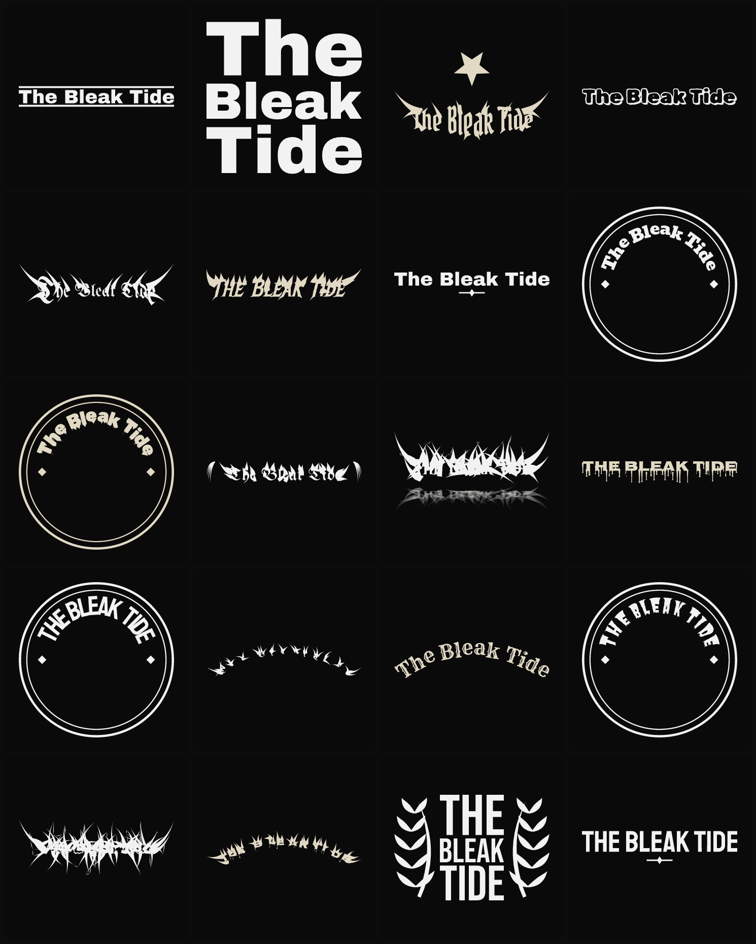 Twenty The Bleak Tide band logo ideas — different faces, treatments and spike settings