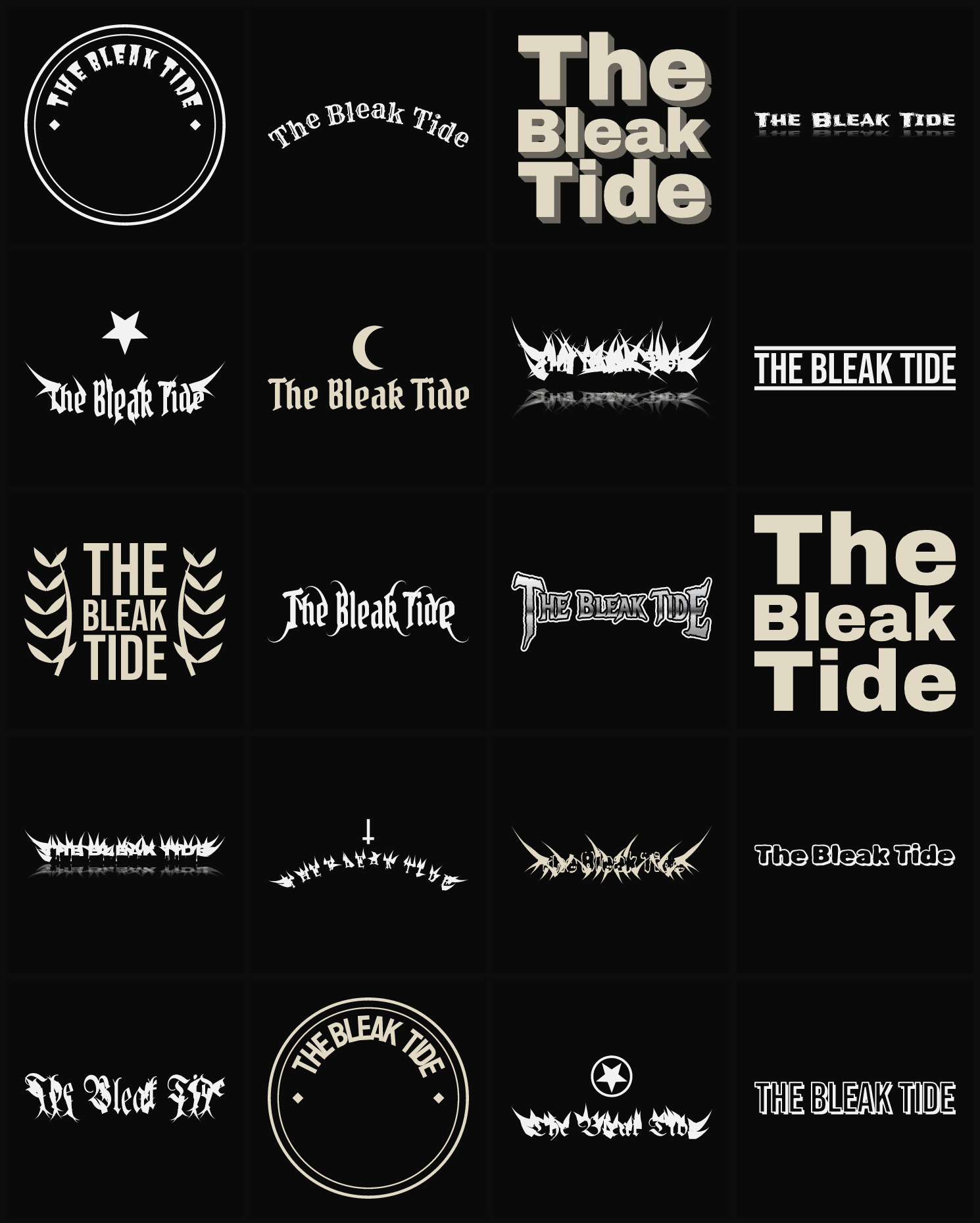 Twenty The Bleak Tide band logo ideas — different faces, treatments and spike settings