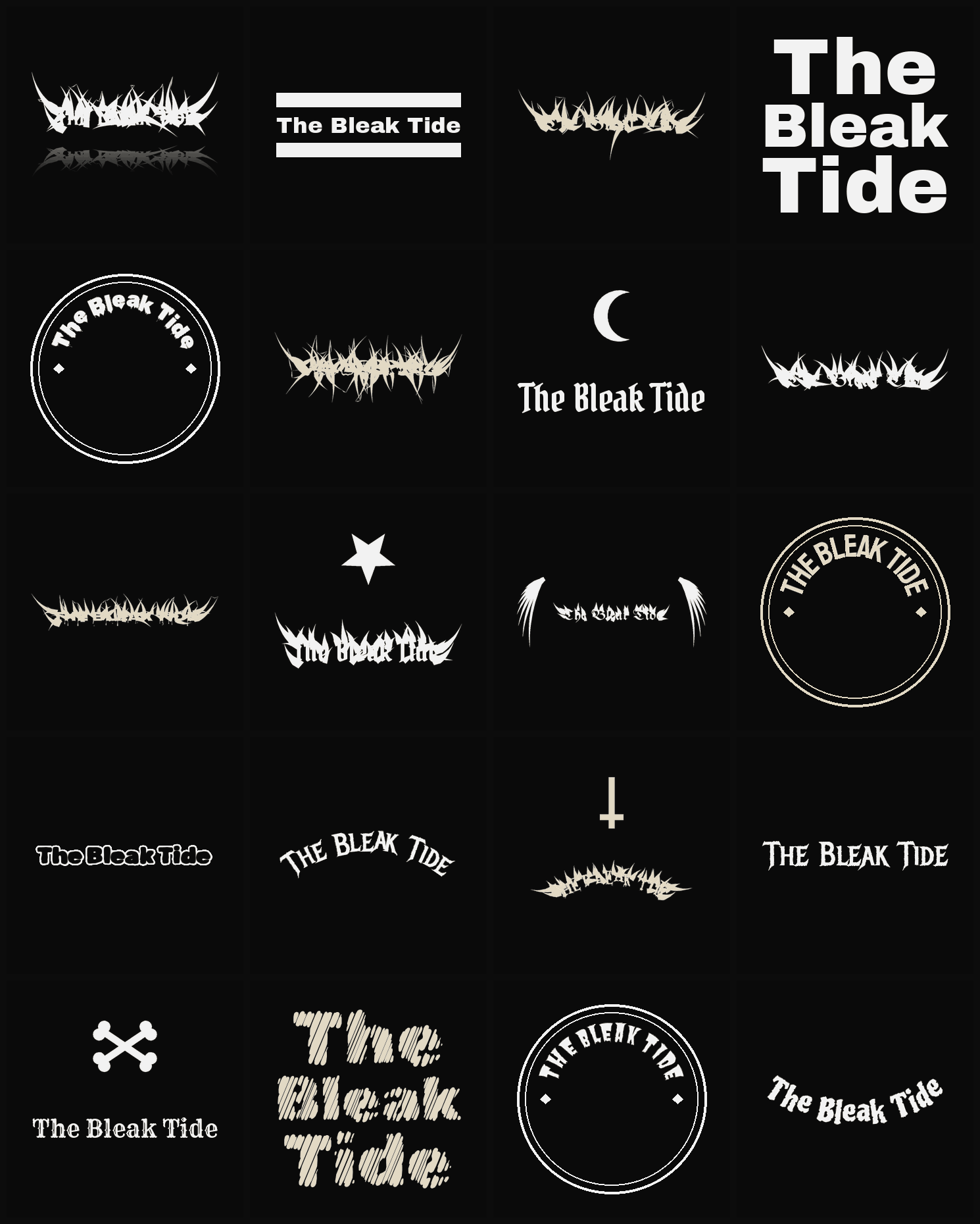 Twenty The Bleak Tide band logo ideas — different faces, treatments and spike settings