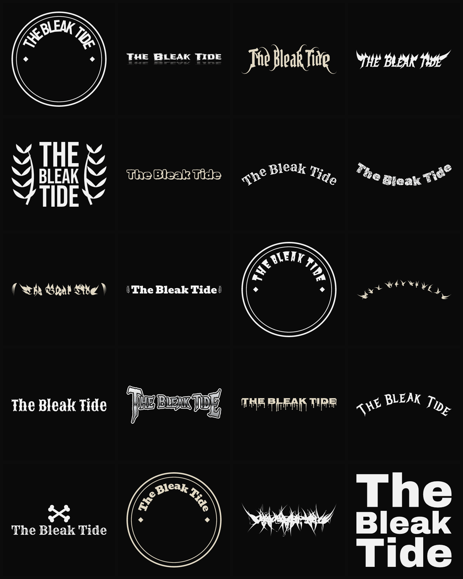Twenty The Bleak Tide band logo ideas — different faces, treatments and spike settings