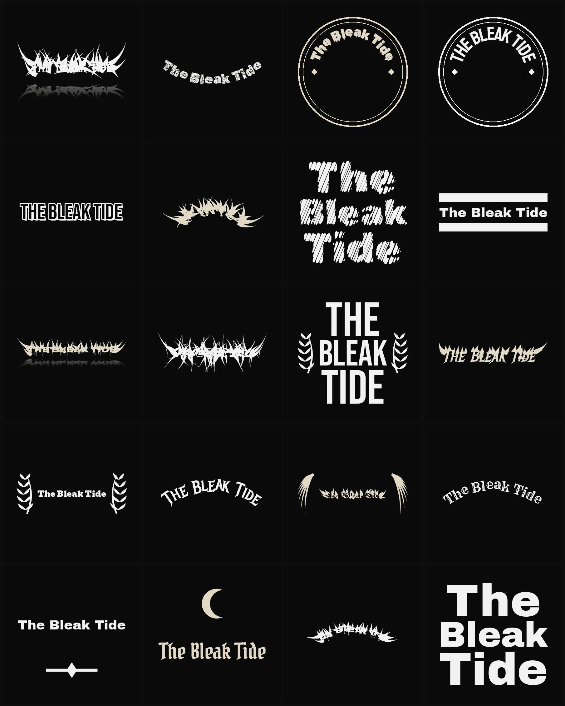 Twenty The Bleak Tide band logo ideas — different faces, treatments and spike settings