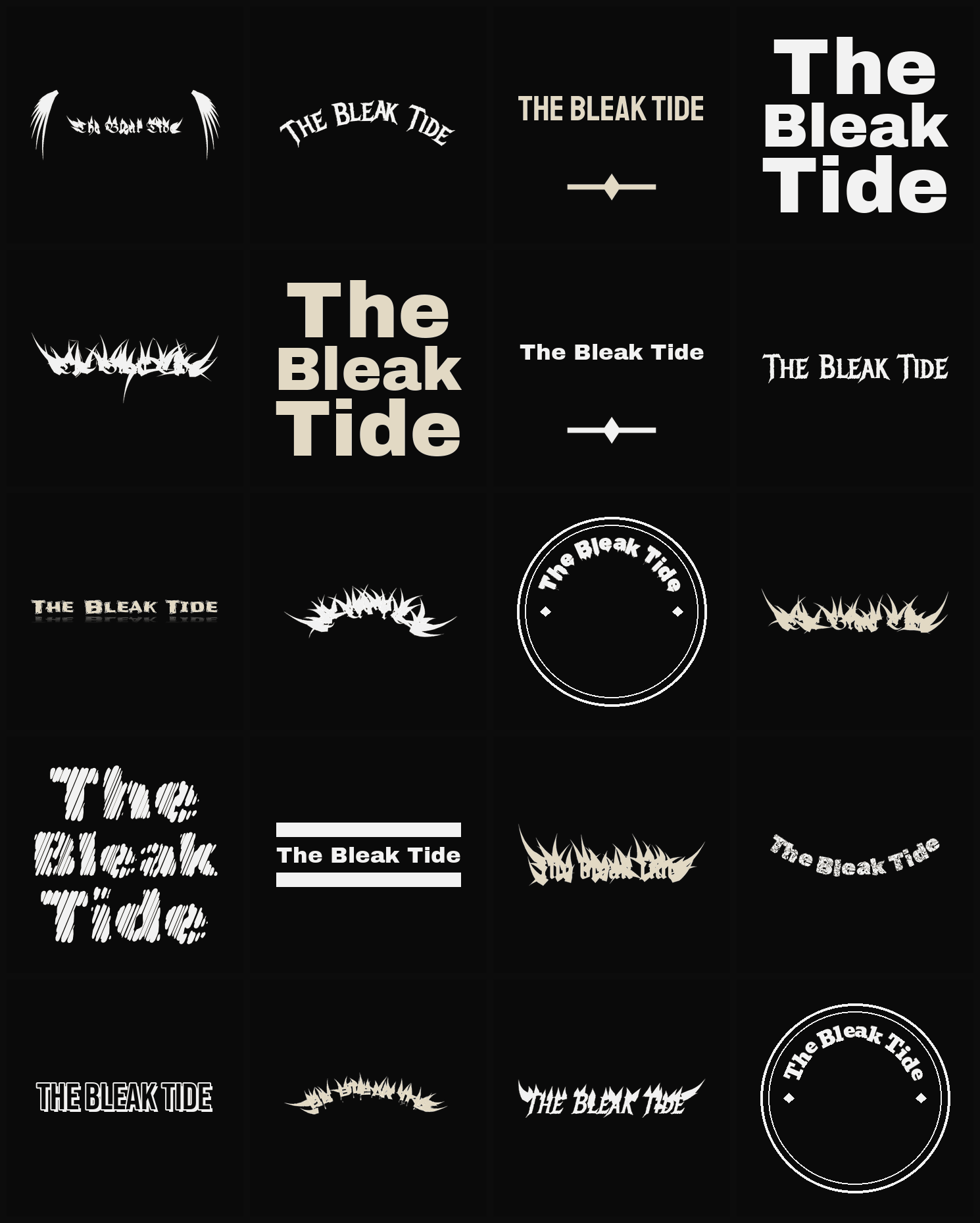 Twenty The Bleak Tide band logo ideas — different faces, treatments and spike settings