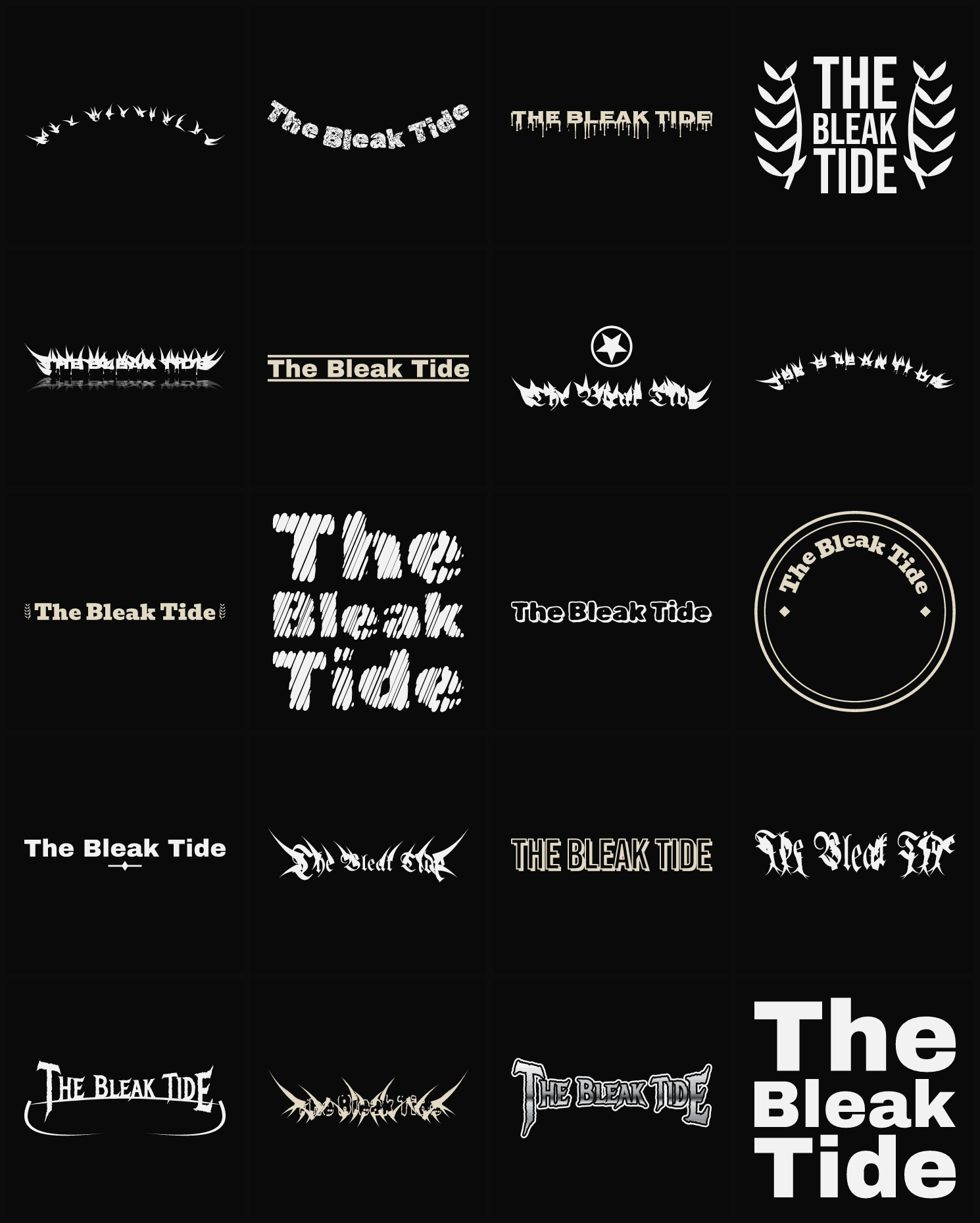 Twenty The Bleak Tide band logo ideas — different faces, treatments and spike settings