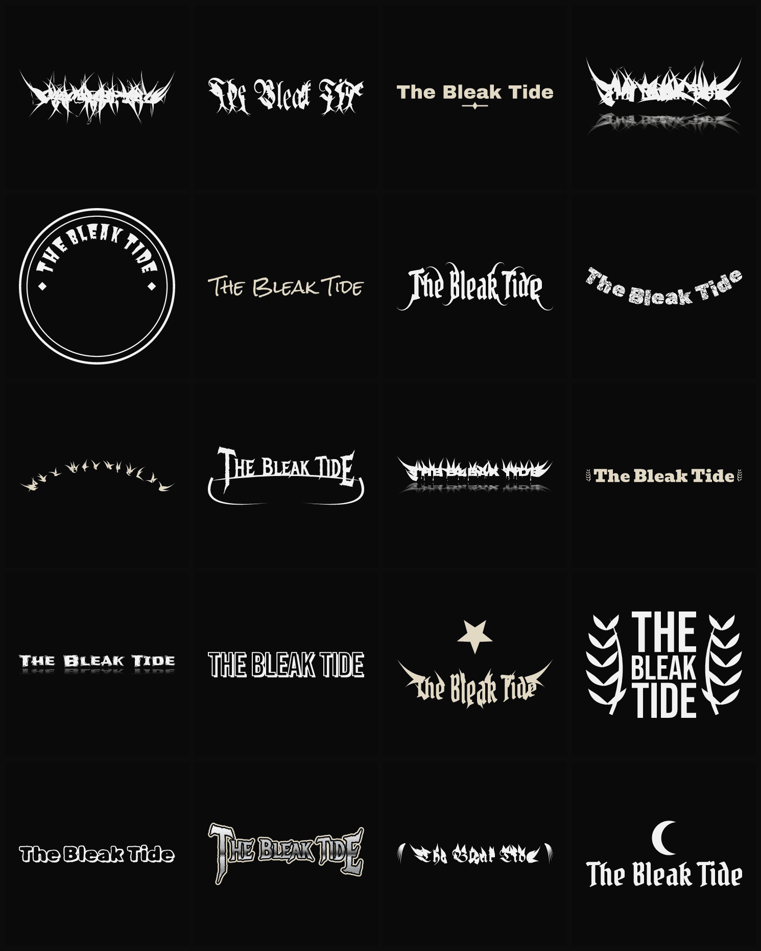 Twenty The Bleak Tide band logo ideas — different faces, treatments and spike settings