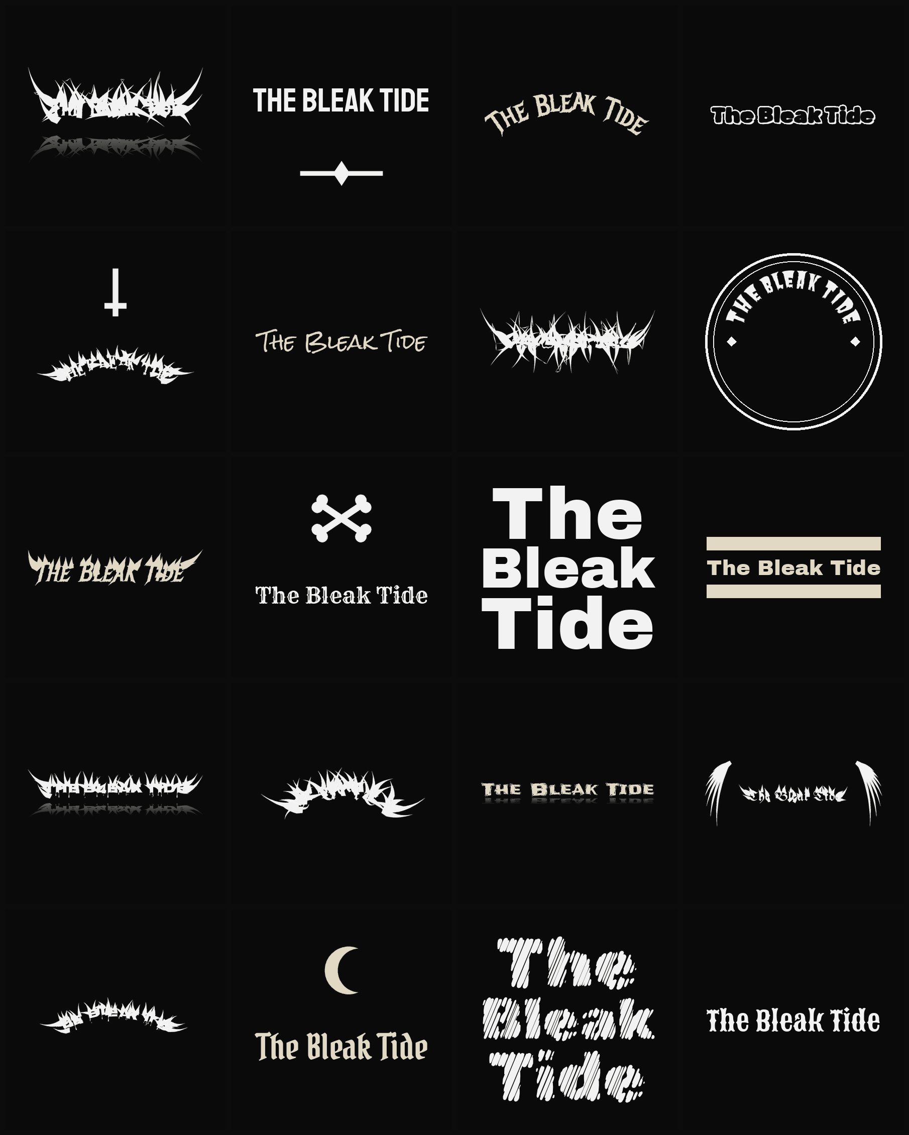 Twenty The Bleak Tide band logo ideas — different faces, treatments and spike settings
