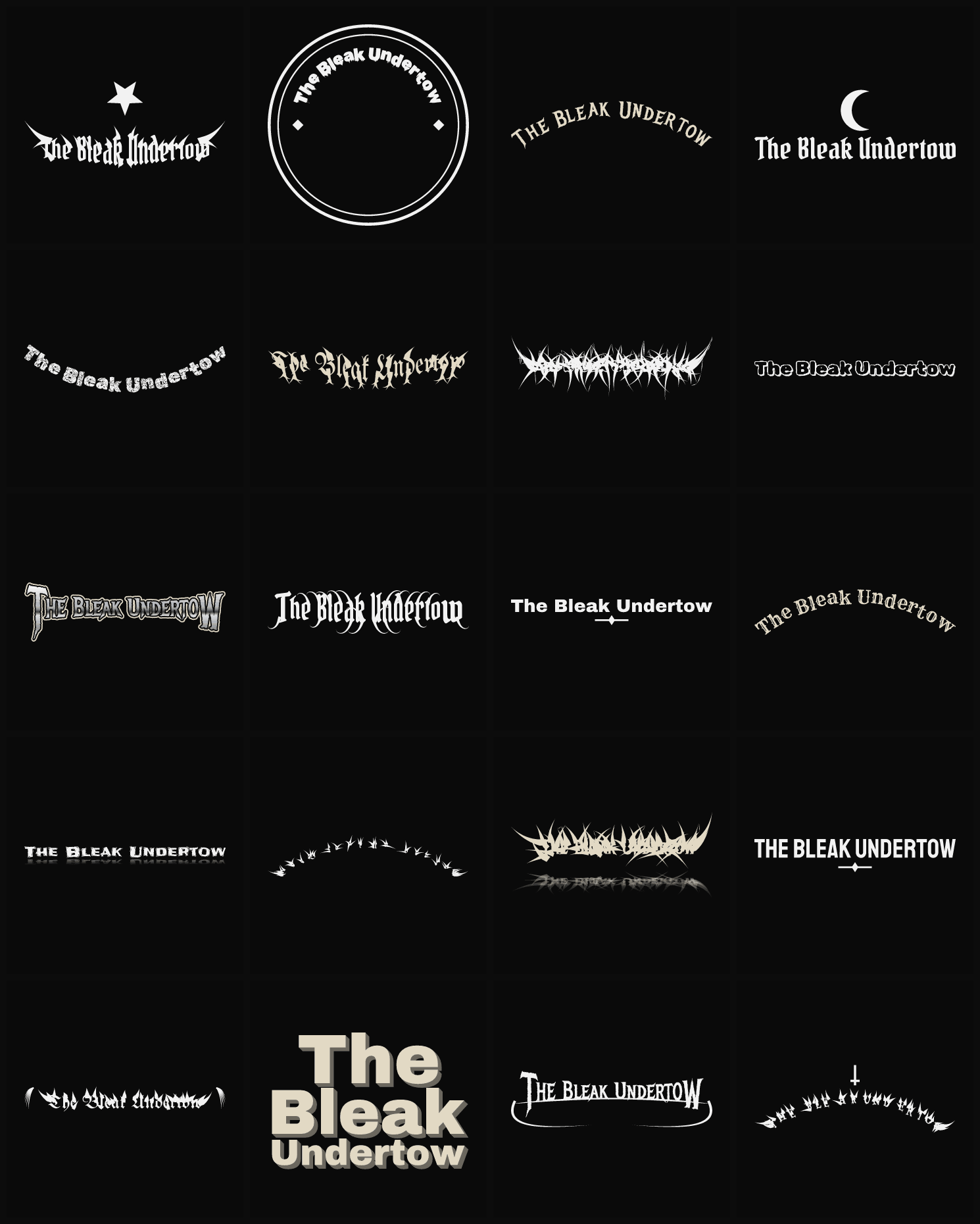 Twenty The Bleak Undertow band logo ideas — different faces, treatments and spike settings