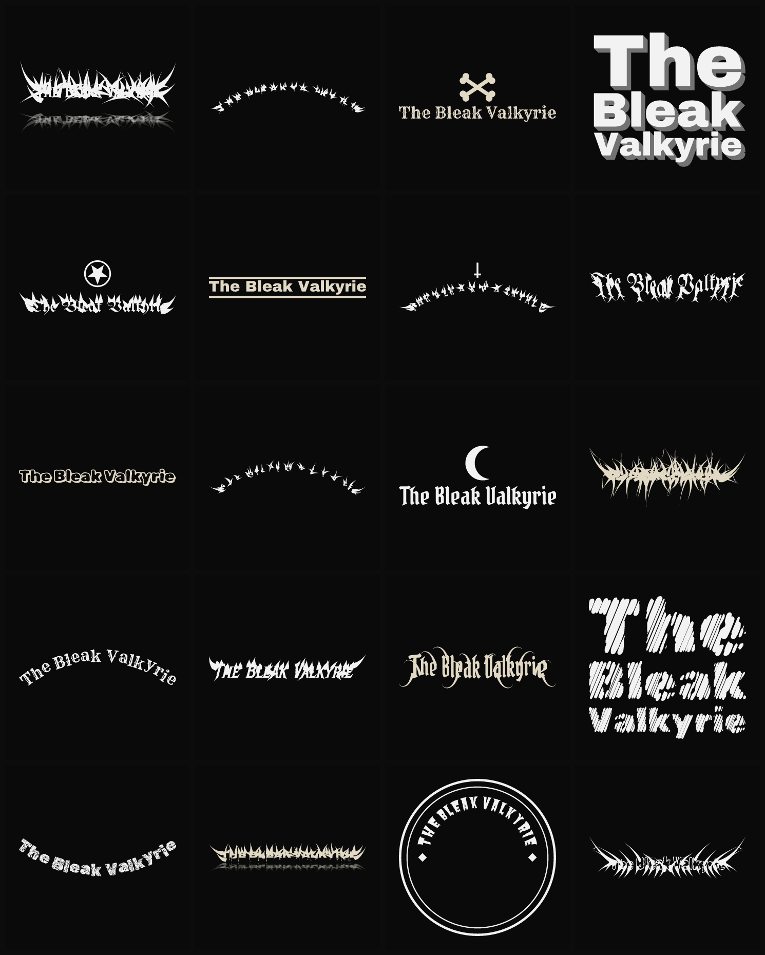 Twenty The Bleak Valkyrie band logo ideas — different faces, treatments and spike settings
