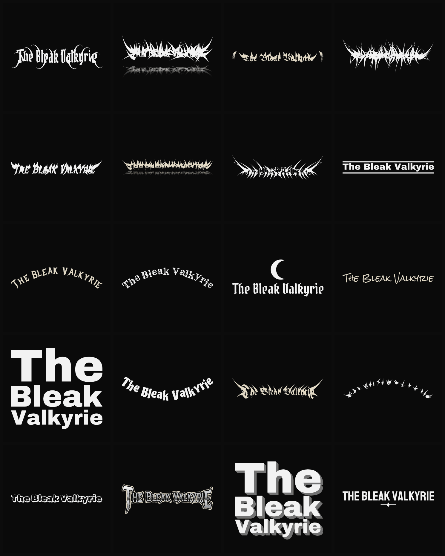 Twenty The Bleak Valkyrie band logo ideas — different faces, treatments and spike settings