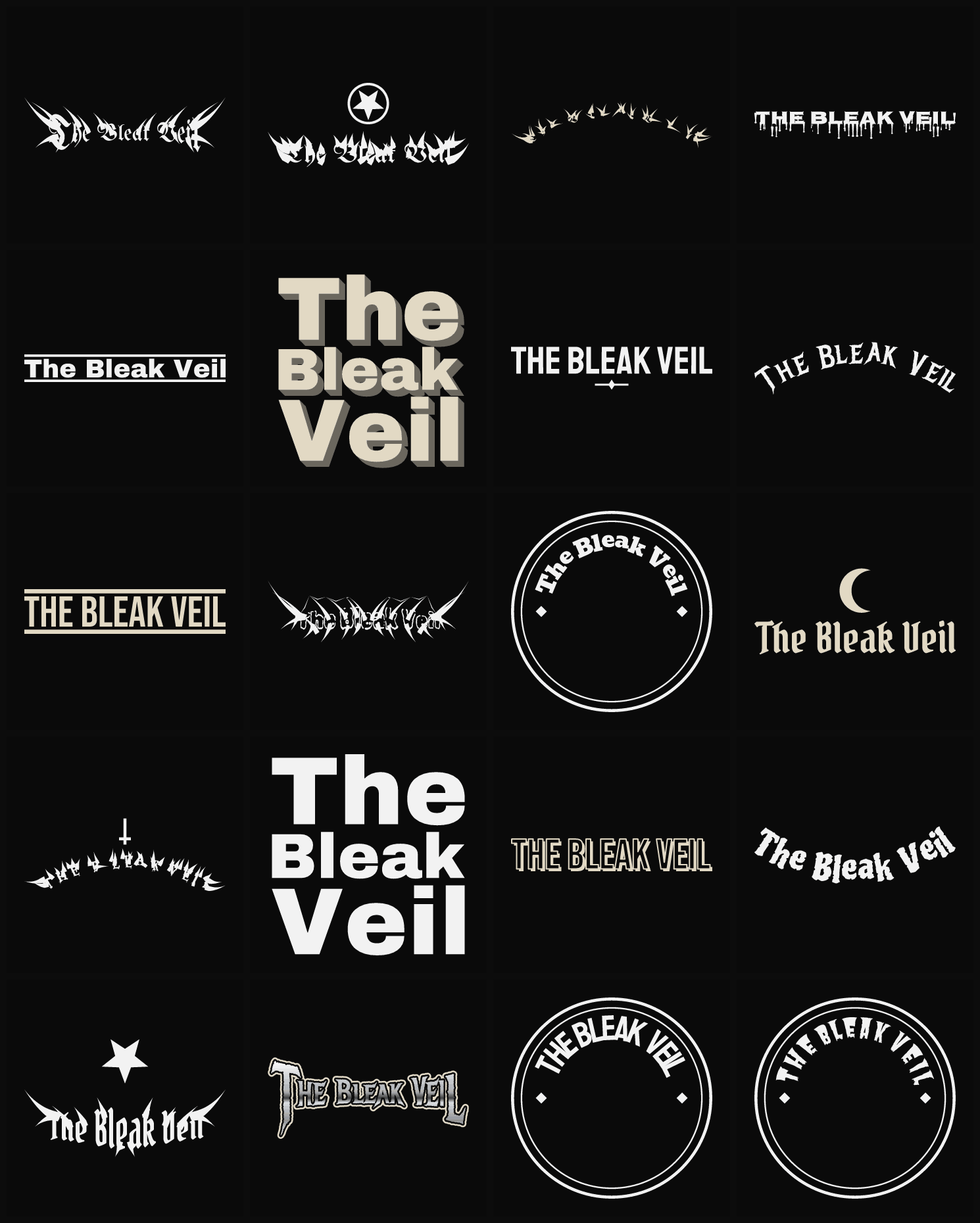 Twenty The Bleak Veil band logo ideas — different faces, treatments and spike settings