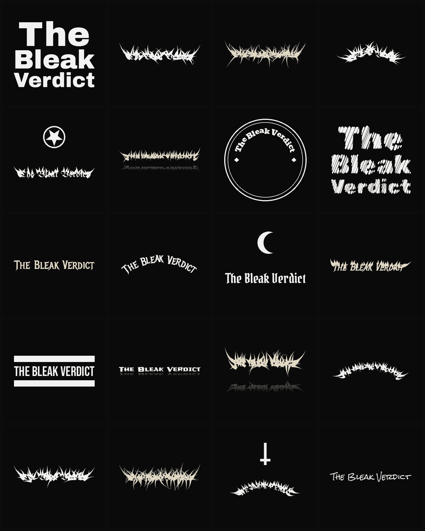 Twenty The Bleak Verdict band logo ideas — different faces, treatments and spike settings