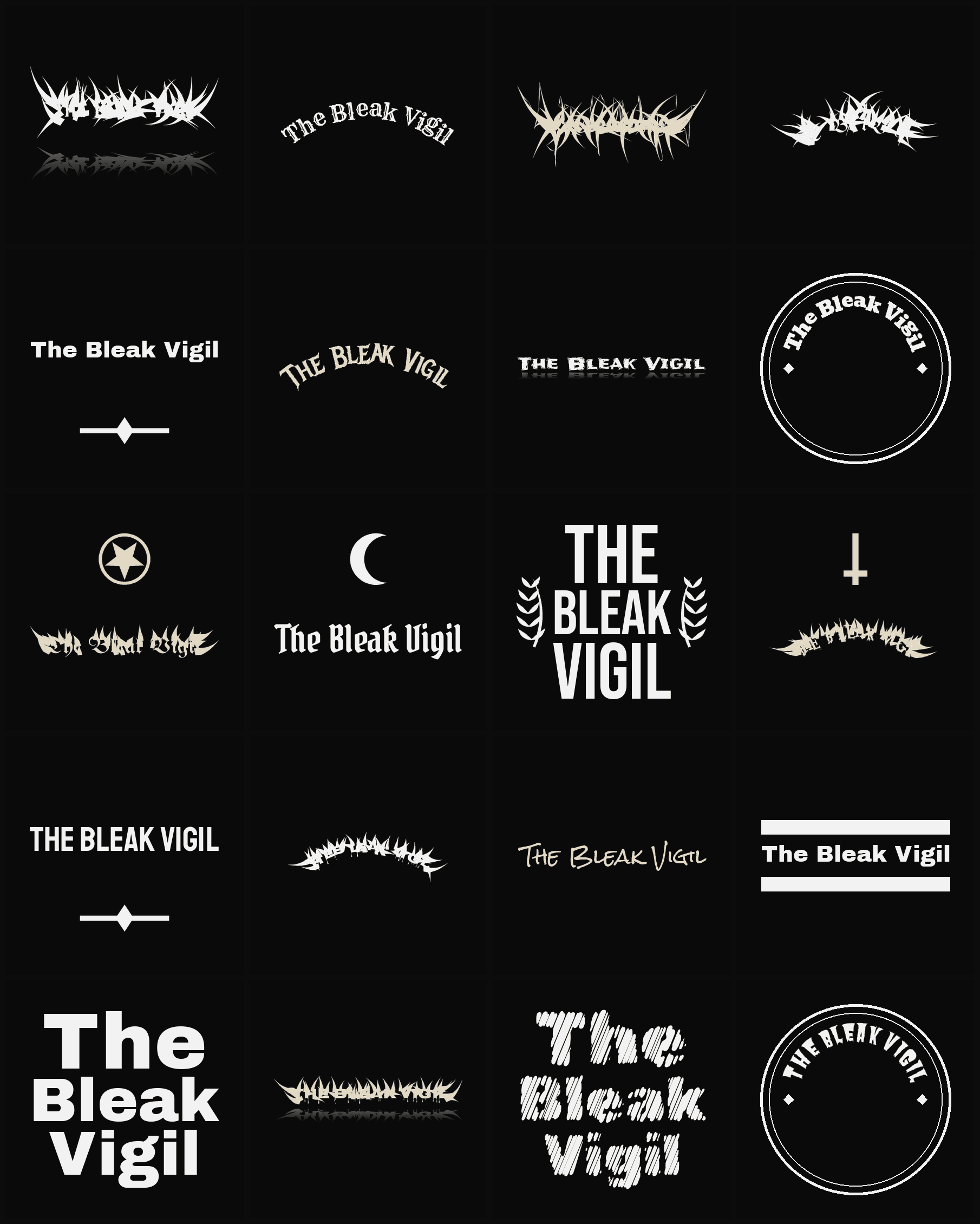 Twenty The Bleak Vigil band logo ideas — different faces, treatments and spike settings