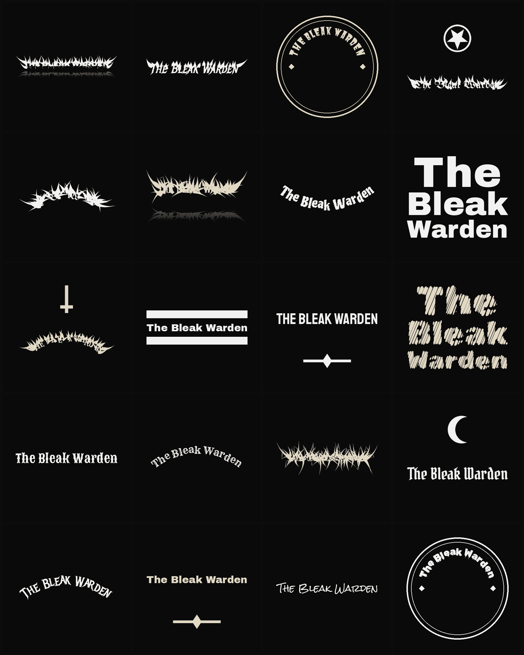 Twenty The Bleak Warden band logo ideas — different faces, treatments and spike settings