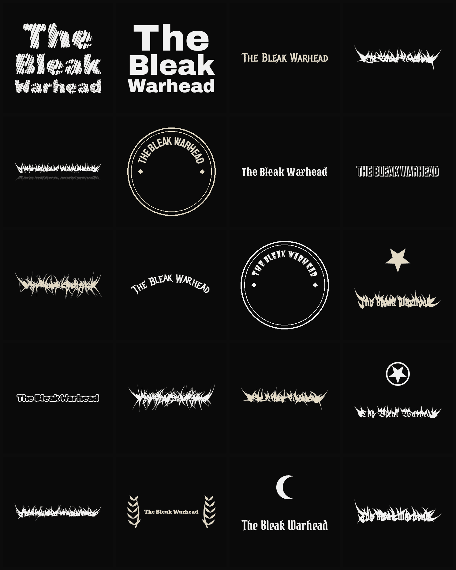 Twenty The Bleak Warhead band logo ideas — different faces, treatments and spike settings