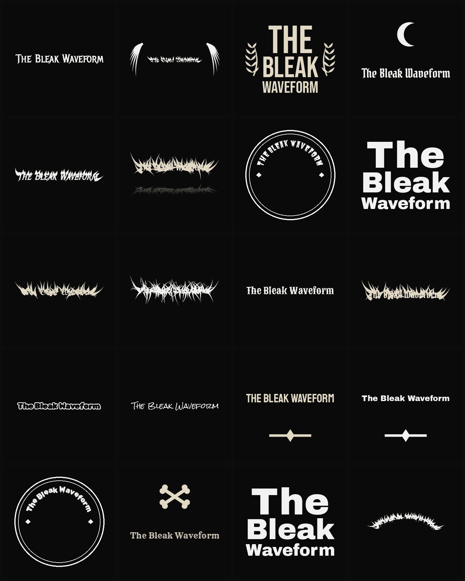 Twenty The Bleak Waveform band logo ideas — different faces, treatments and spike settings