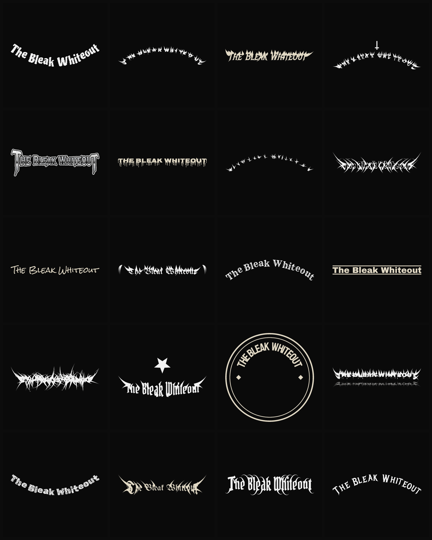 Twenty The Bleak Whiteout band logo ideas — different faces, treatments and spike settings