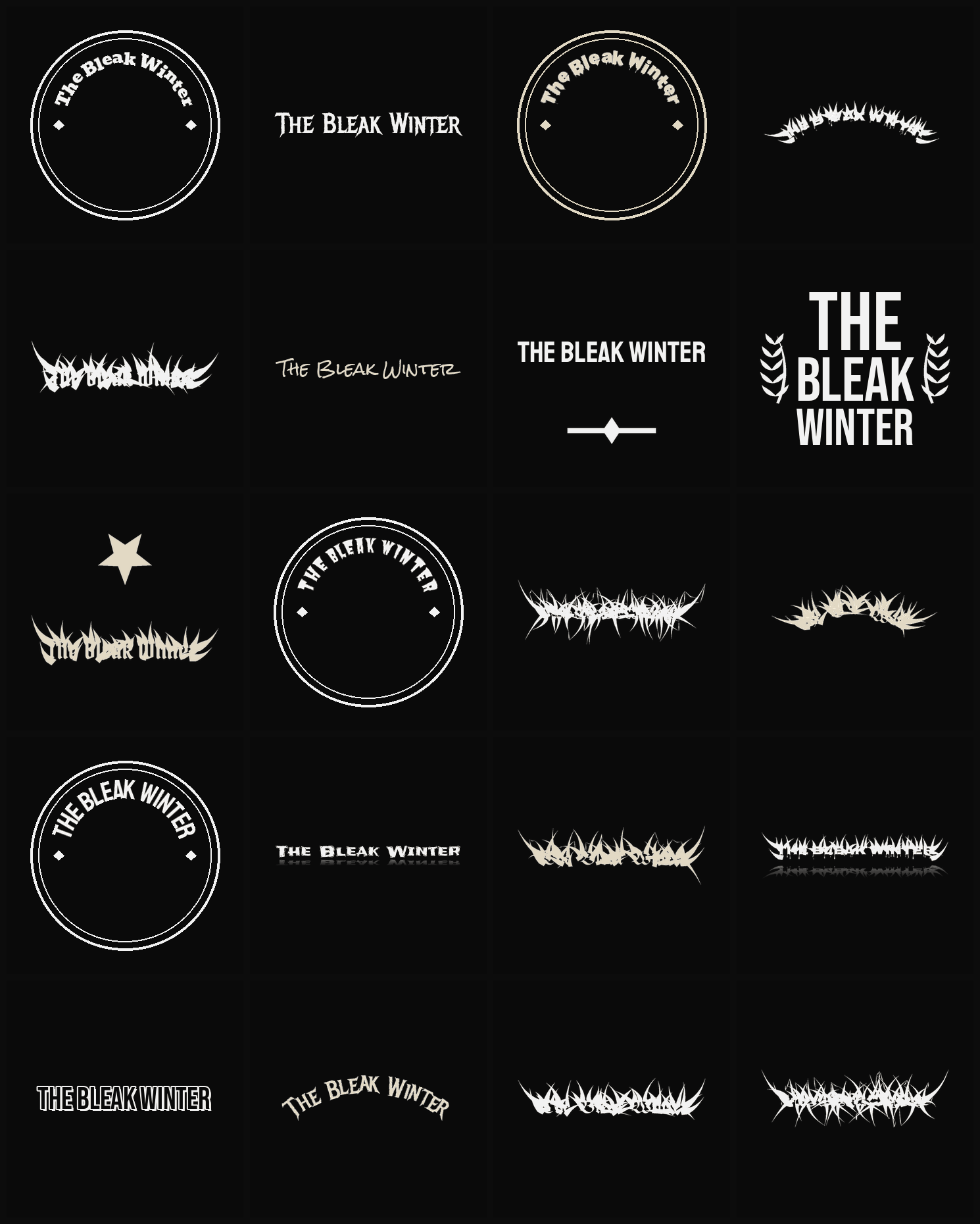 Twenty The Bleak Winter band logo ideas — different faces, treatments and spike settings
