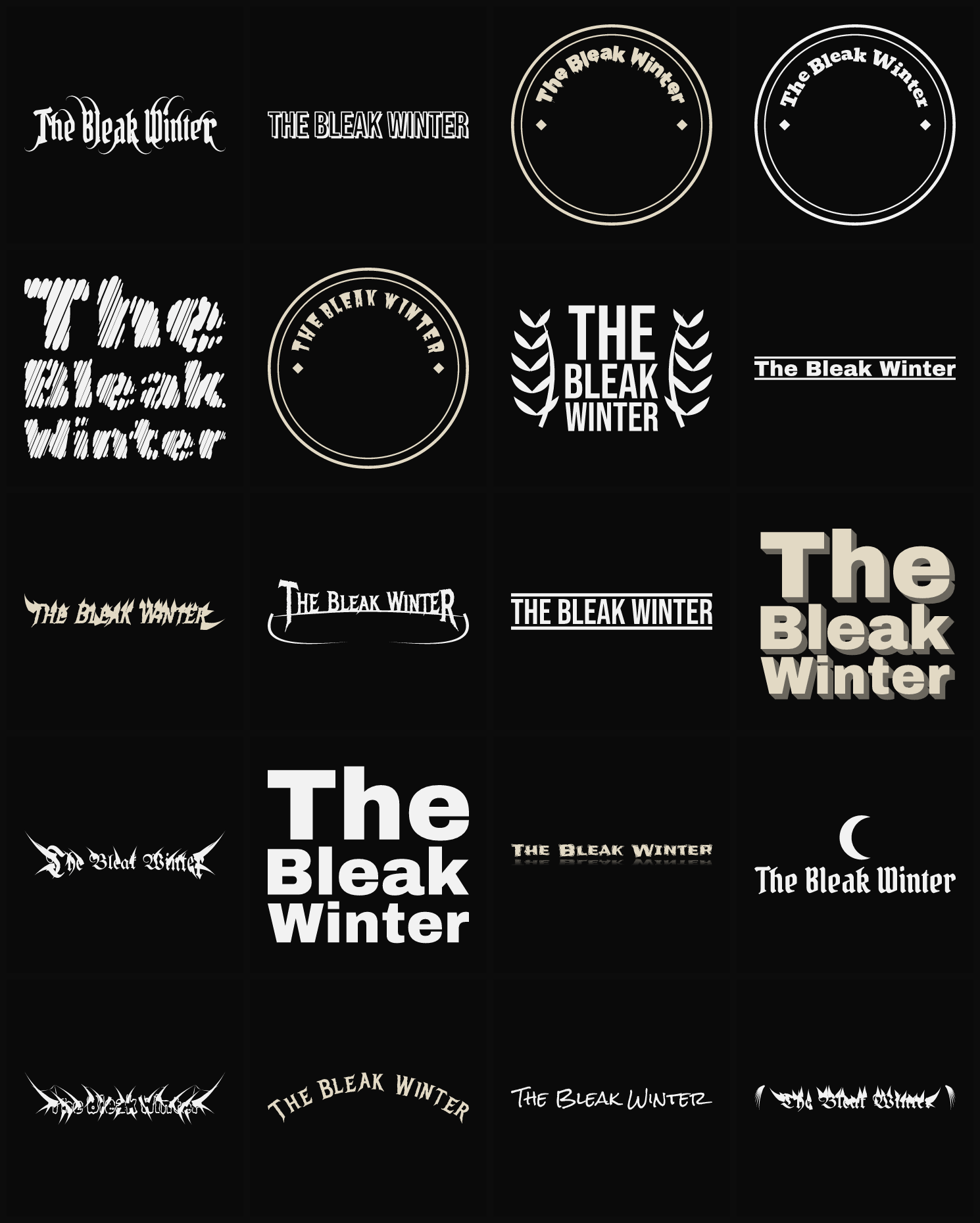 Twenty The Bleak Winter band logo ideas — different faces, treatments and spike settings