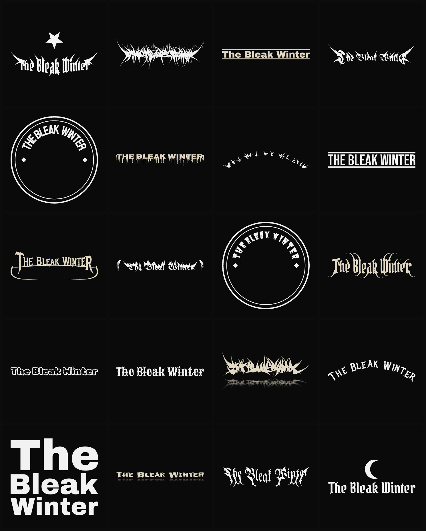 Twenty The Bleak Winter band logo ideas — different faces, treatments and spike settings