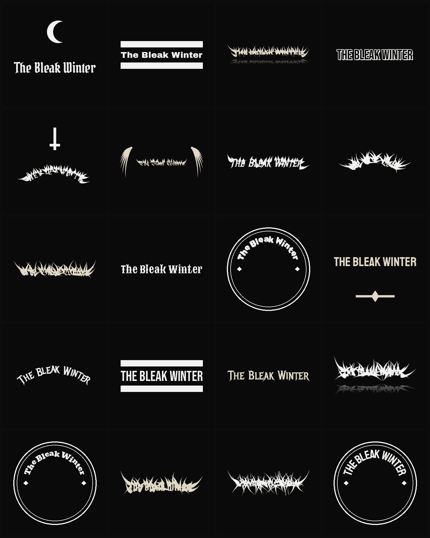 Twenty The Bleak Winter band logo ideas — different faces, treatments and spike settings