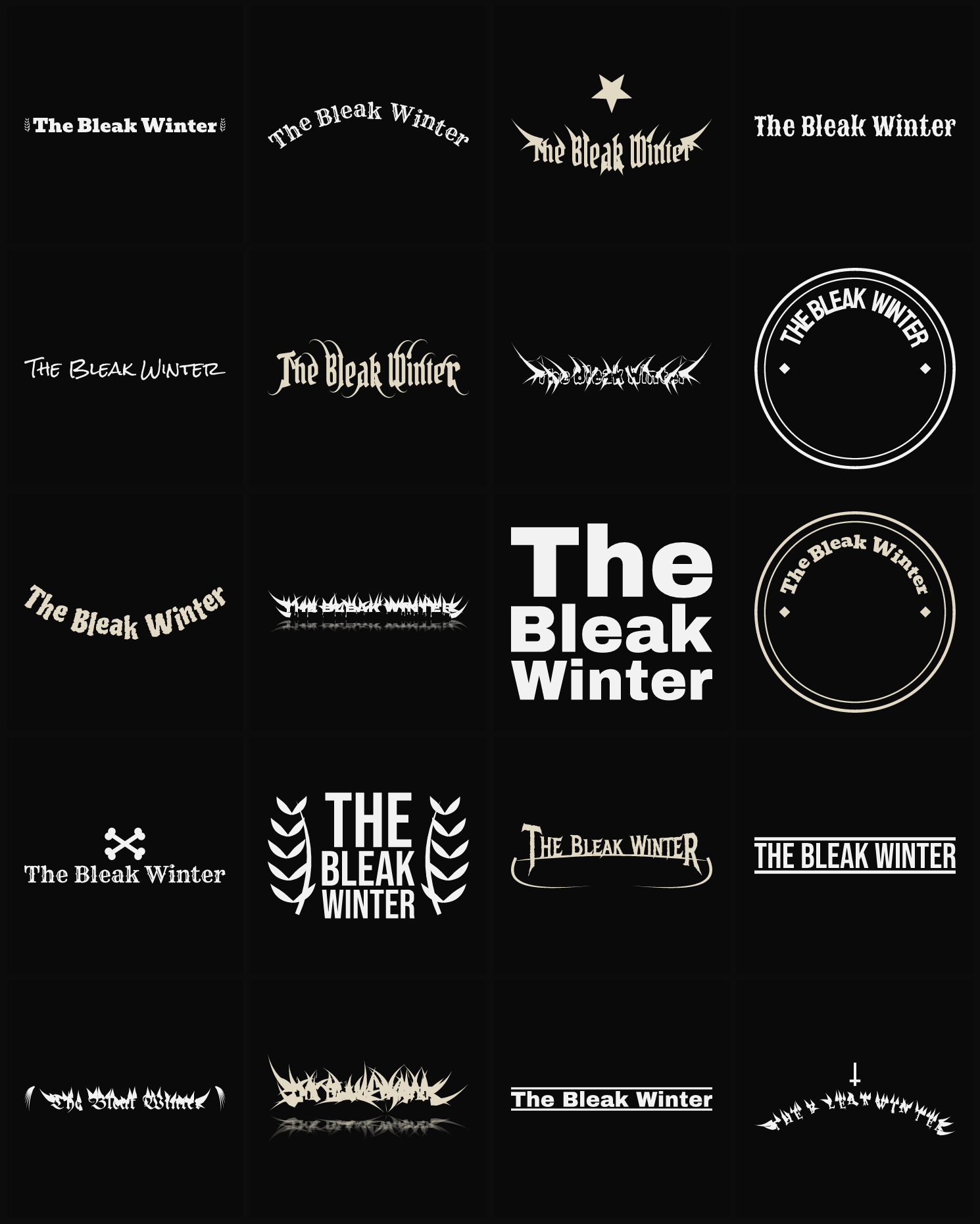 Twenty The Bleak Winter band logo ideas — different faces, treatments and spike settings