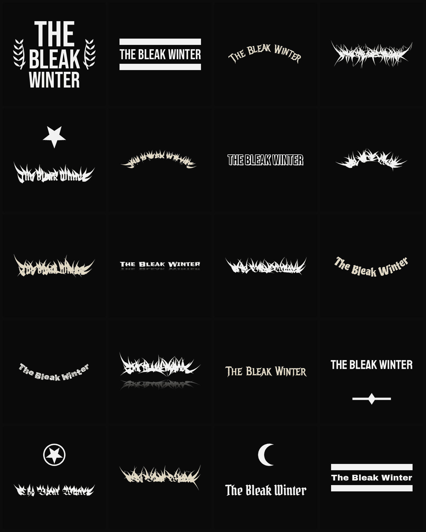 Twenty The Bleak Winter band logo ideas — different faces, treatments and spike settings