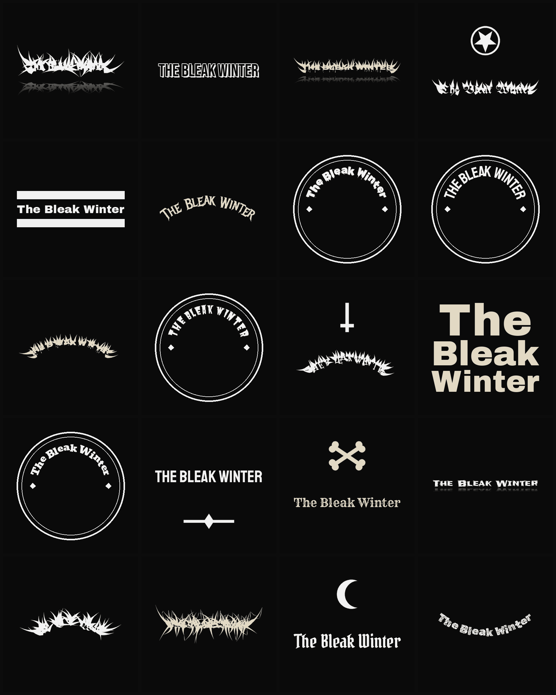 Twenty The Bleak Winter band logo ideas — different faces, treatments and spike settings
