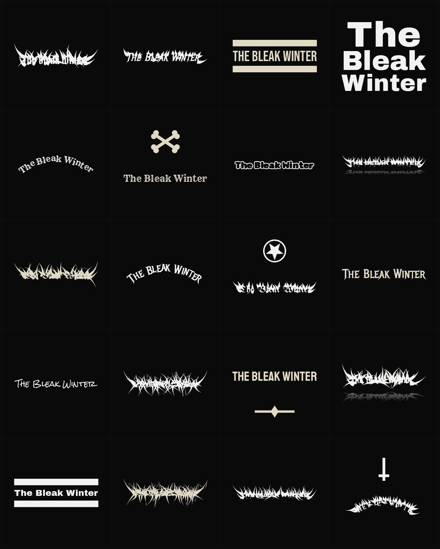Twenty The Bleak Winter band logo ideas — different faces, treatments and spike settings