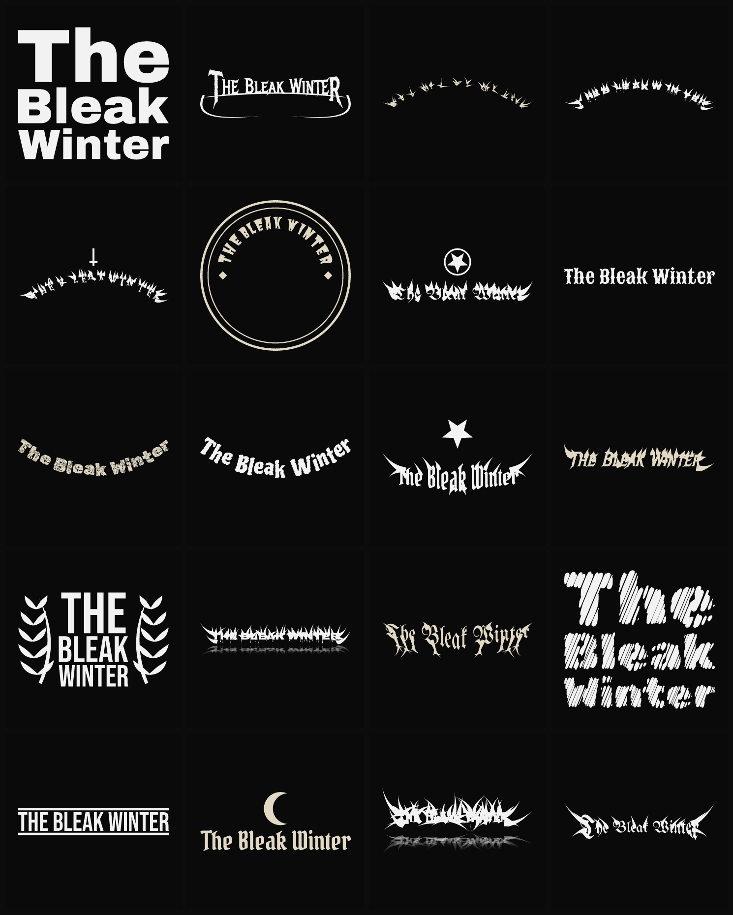 Twenty The Bleak Winter band logo ideas — different faces, treatments and spike settings